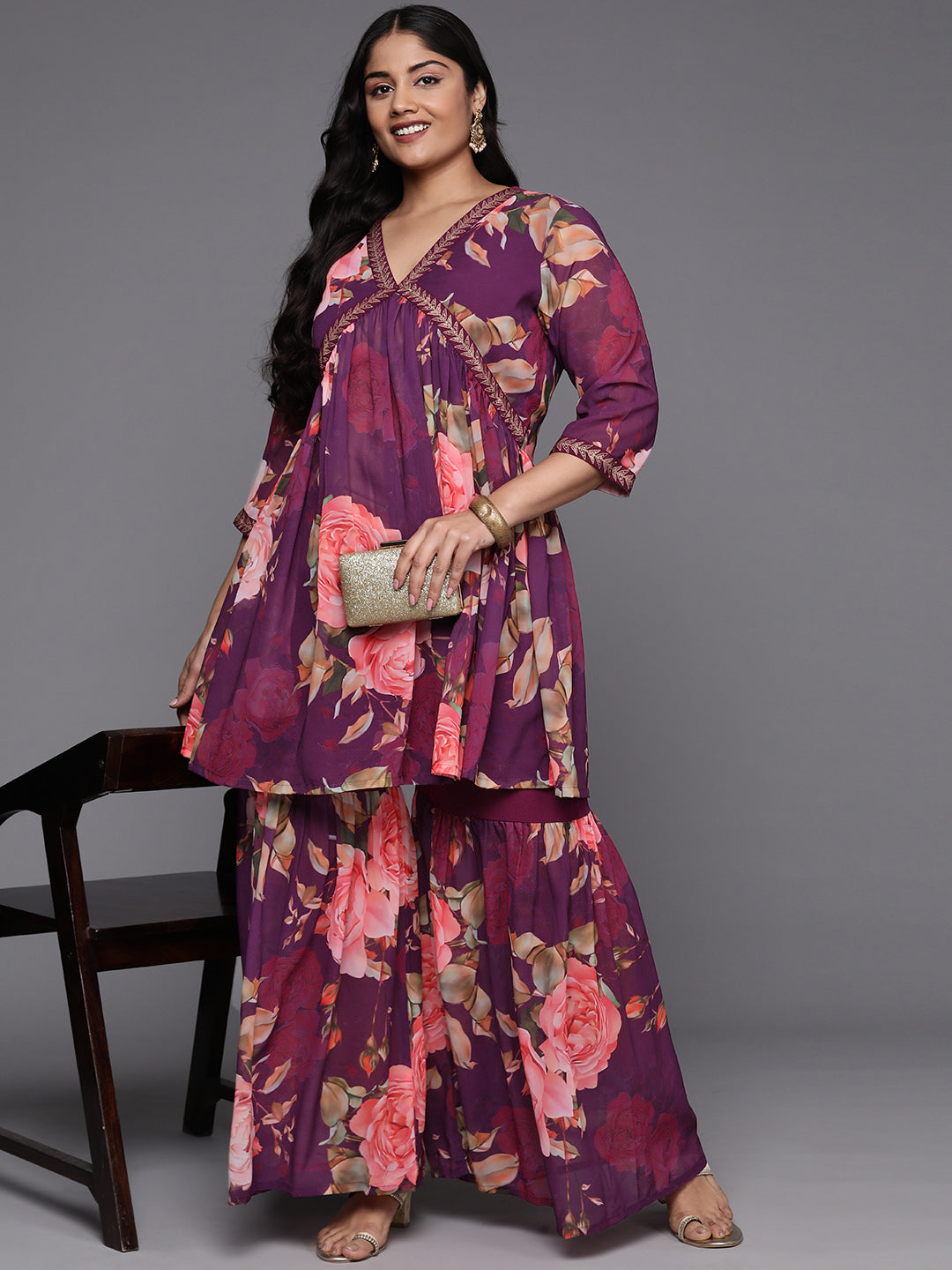 Purple Plus Size Printed Ethnic Co-Ords