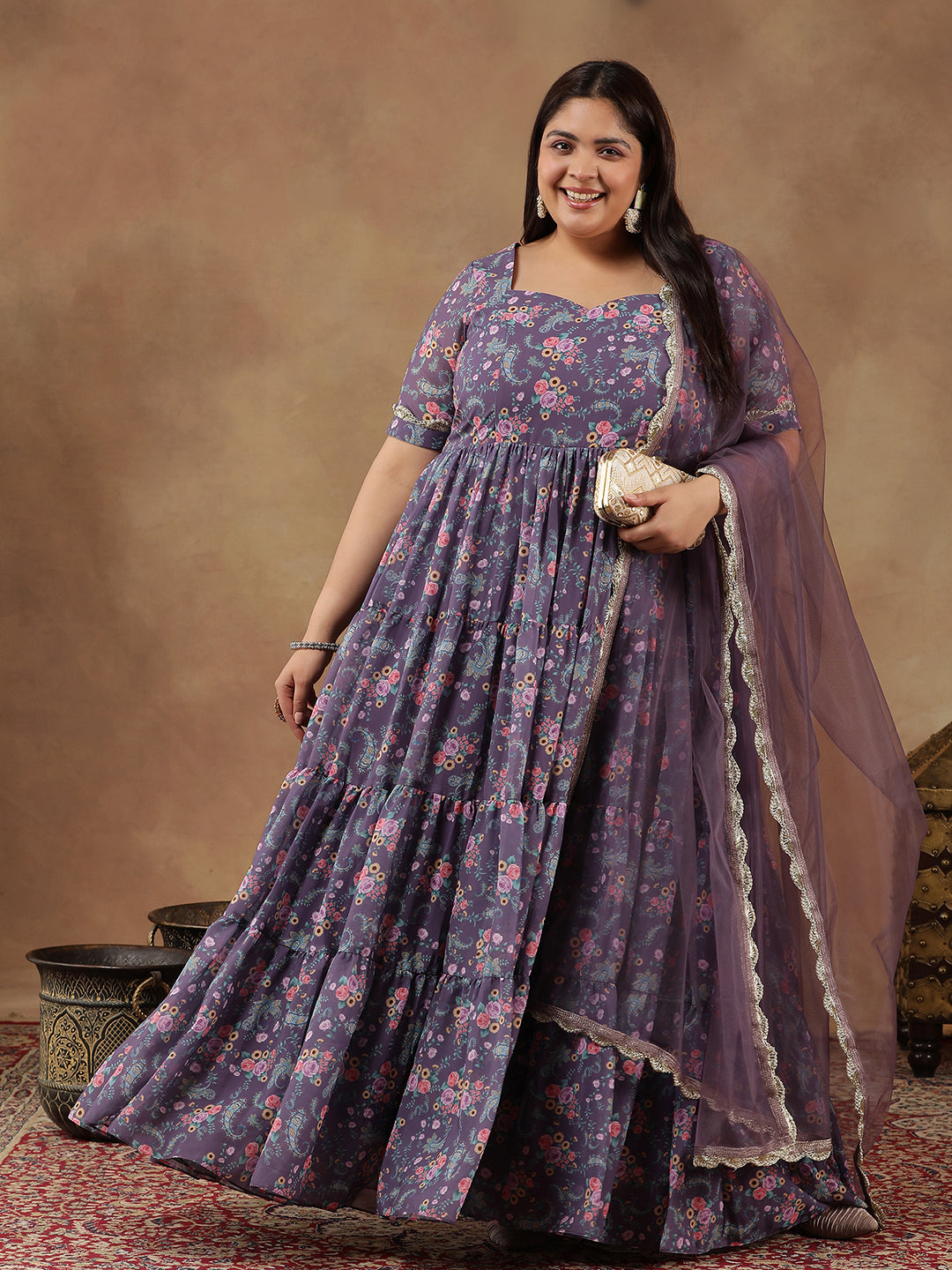Plus Size Floral Printed Sweetheart Neck Tiered Anarkali Kurta With Dupatta - ID