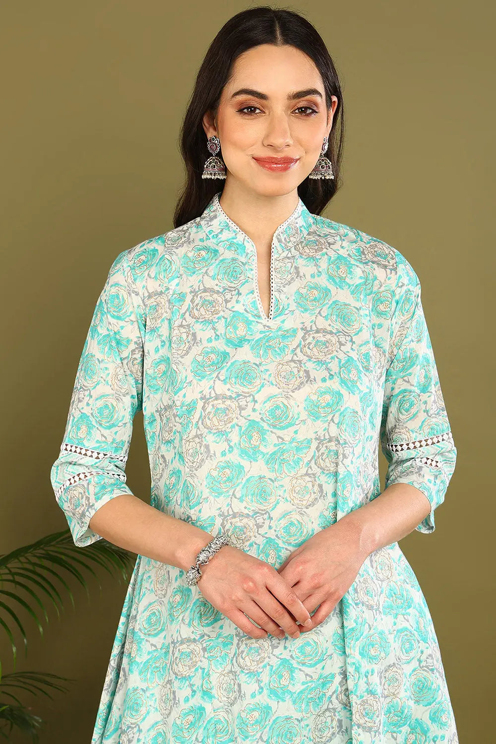 Green Printed 'A' Line Sanganeri Kurta