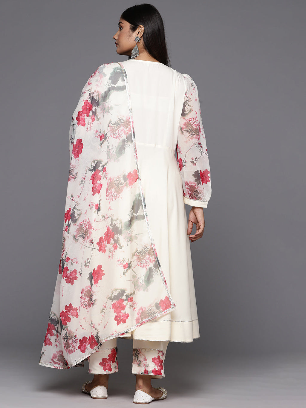 Off White Plus Size Gotta Patti Kurta with Trousers & With Printed Dupatta-AH