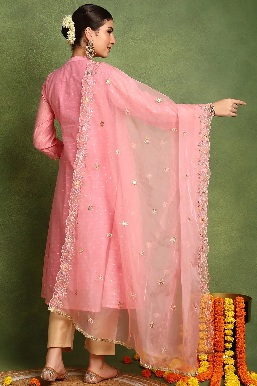 Pink Organza Scalloped Dupatta