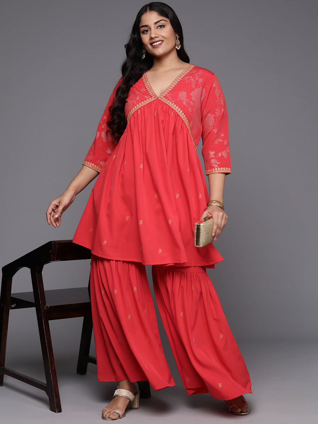 Red & Gold Plus Size Printed Ethnic Co-Ords