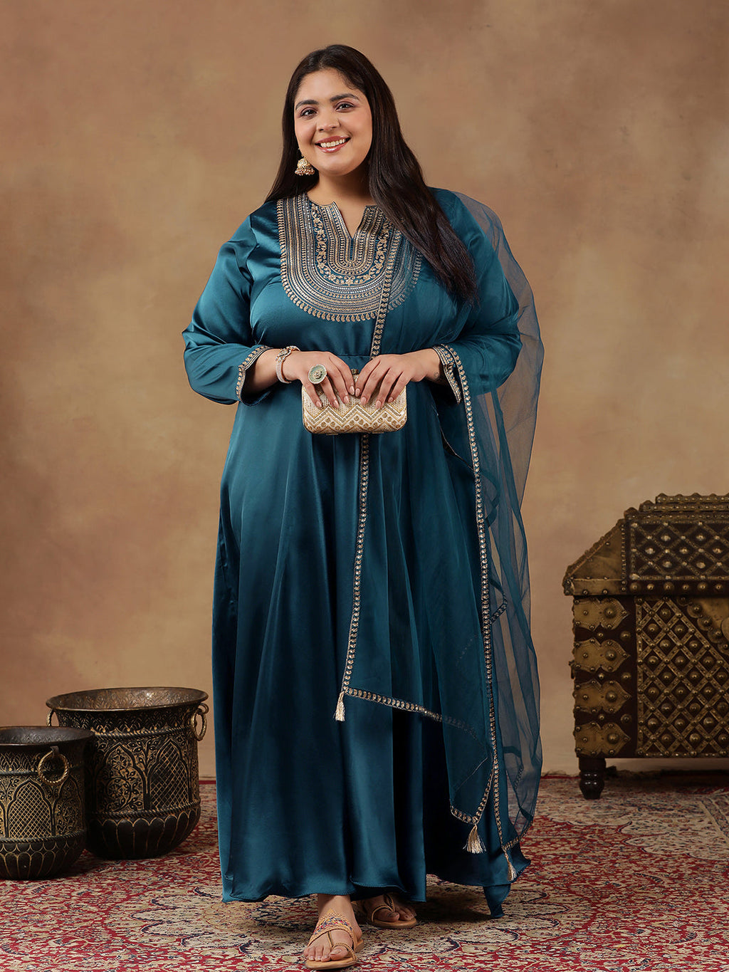 Floral Yoke Design Sequinned Satin Anarkali Kurta with Dupatta - ID