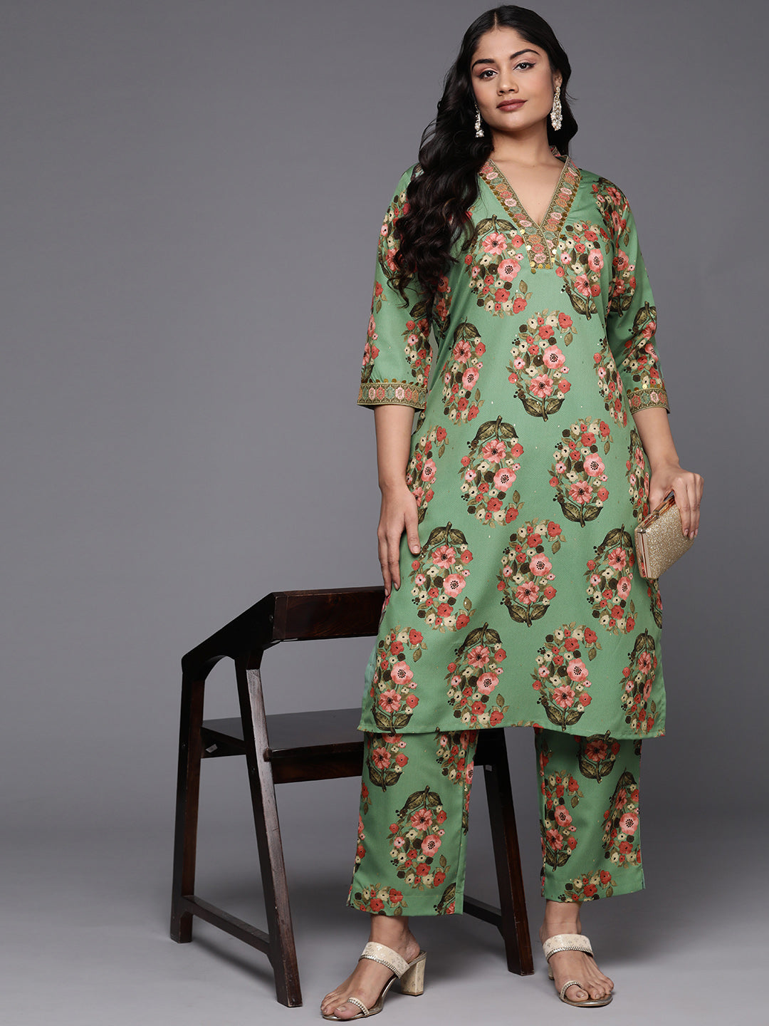 Plus Size Floral Printed Sequinned Kurta with Palazzos