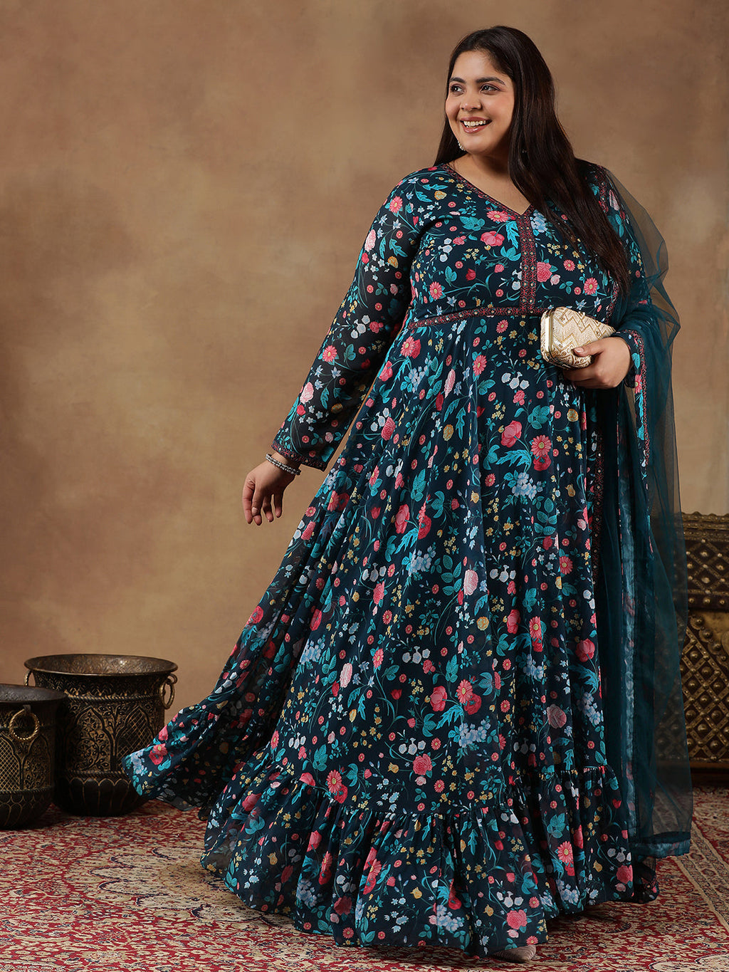 Plus Size Floral Printed Long Sleeves Georgette Anarkali Kurta With Dupatta - ID