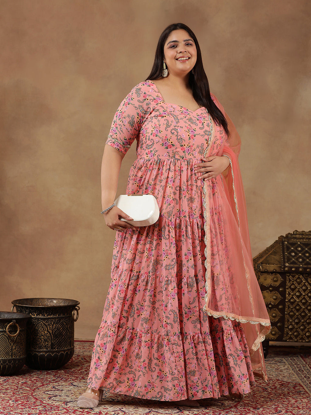 Plus Size Floral Printed Tiered Flared Kurta With Dupatta - ID