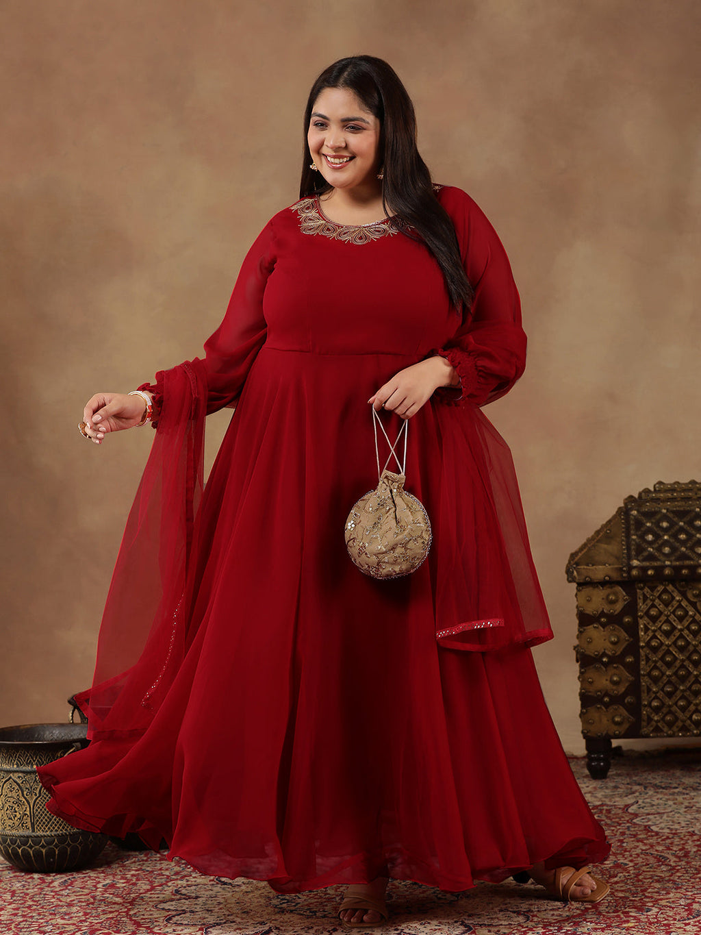 Yoke Design Sequinned Artwork Georgette Anarkali Kurta with Dupatta - ID