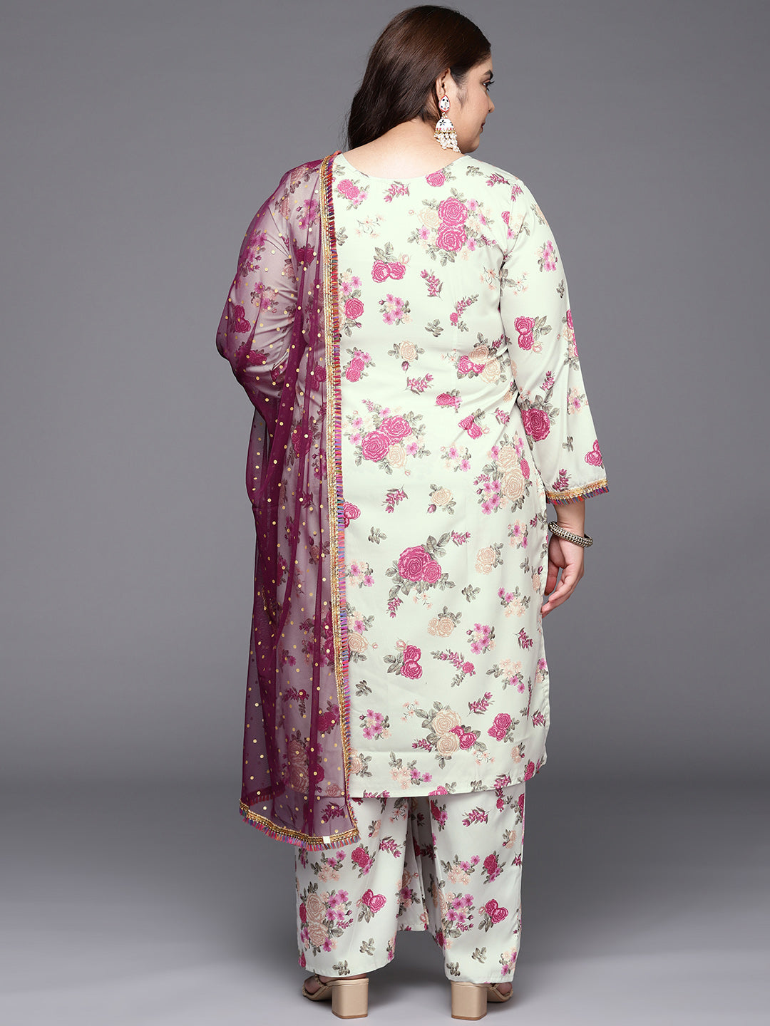 Beige Floral Printed Plus Size Kurta with Palazzos & With Dupatta