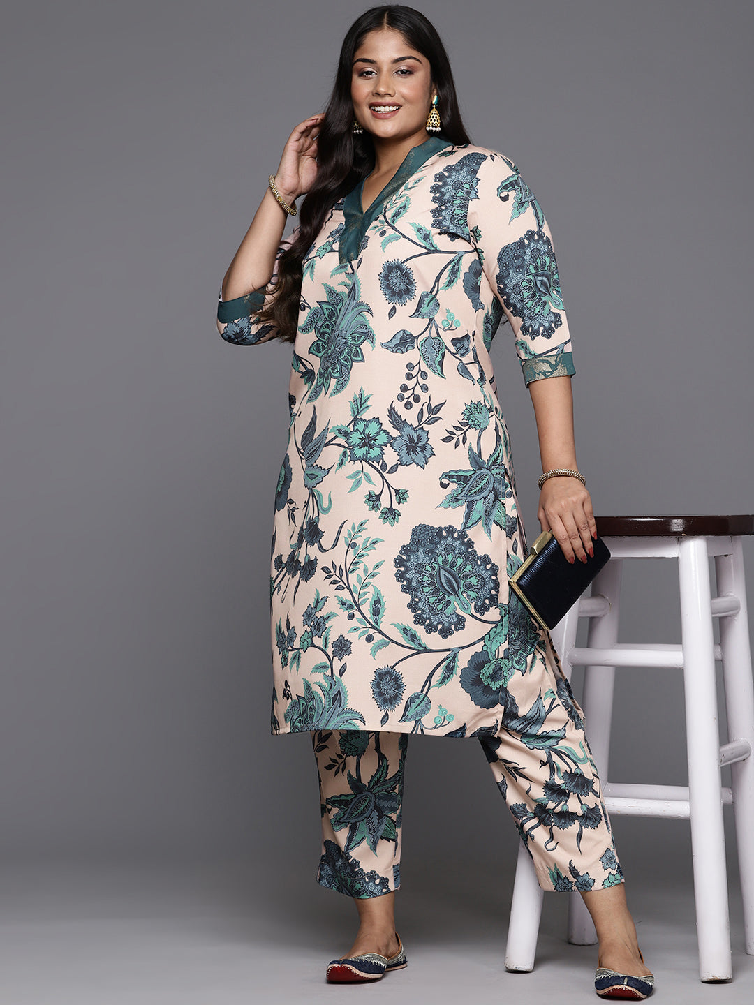 Beige & Green Floral Printed Plus Size Kurta with Trousers