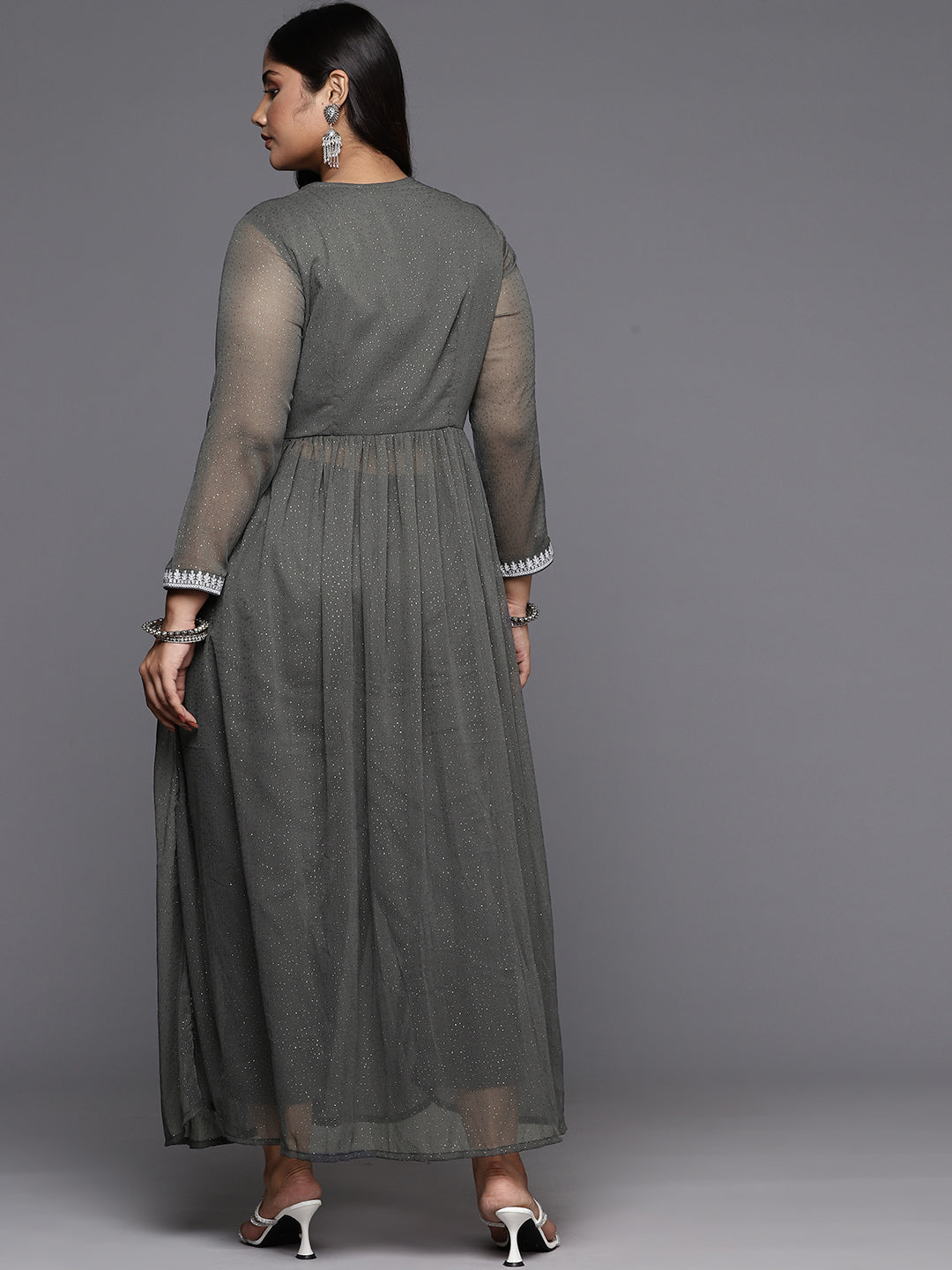 Grey Glitter Printed Plus Size High Slit Kurta with Trousers