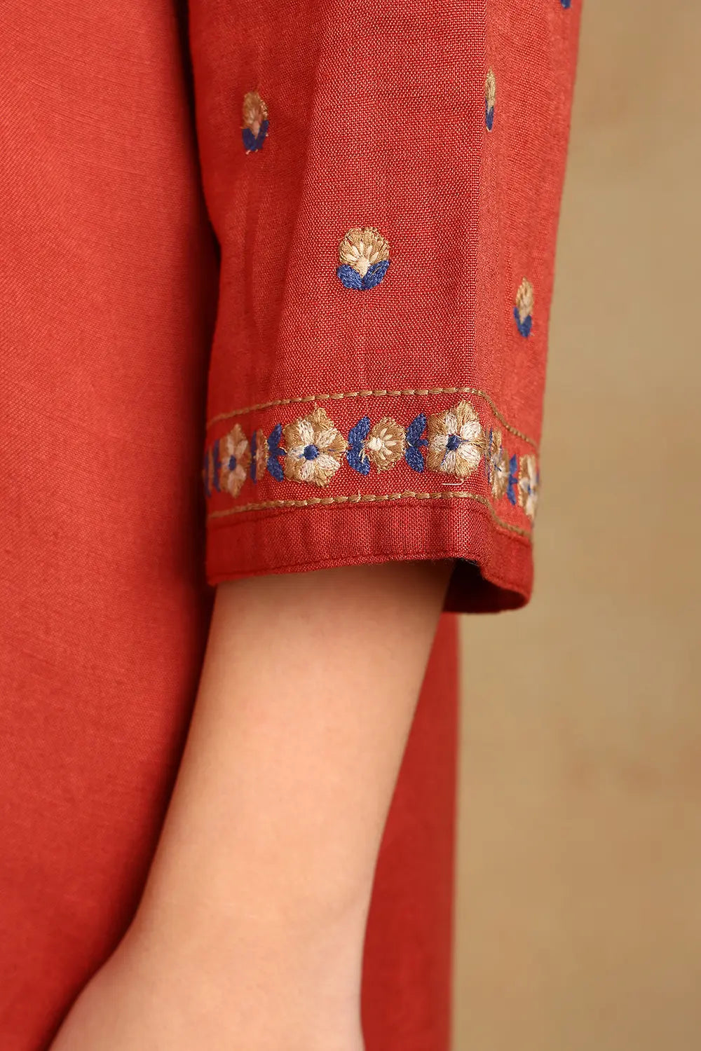 Rust Embroidered Flax Linen Kurta