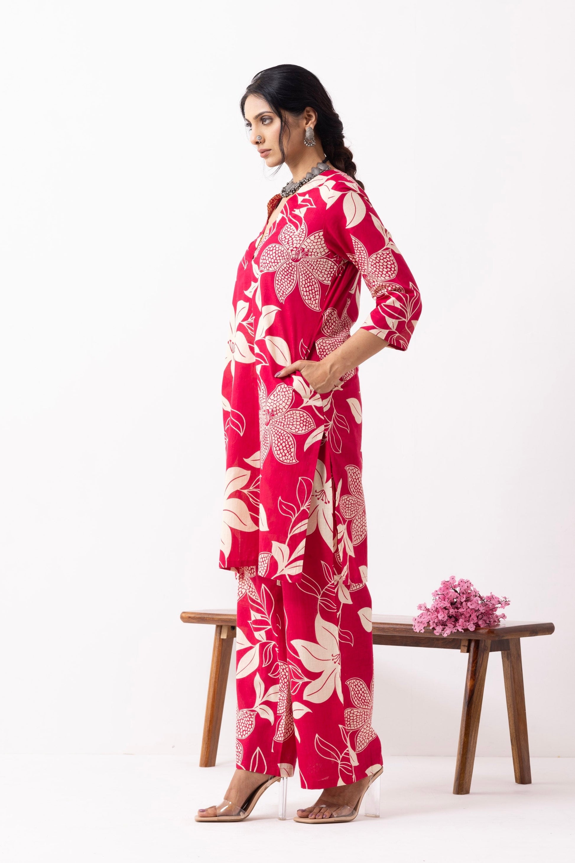 Crimson Red Block Printed Kali Kurta Set (Set of 2)- IC