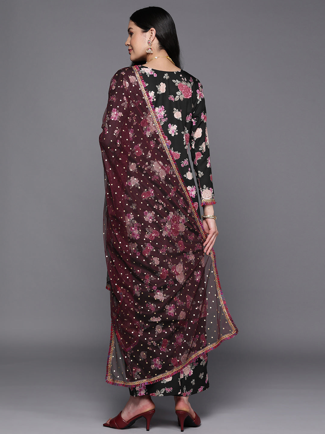 Black Floral Printed Gotta Patti Kurta with Palazzos & With Dupatta