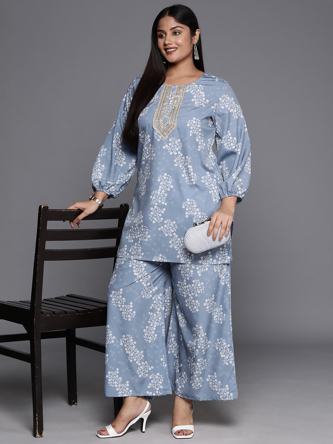 Blue & White Floral Print Plus Size Ethnic Tunic with Palazzos