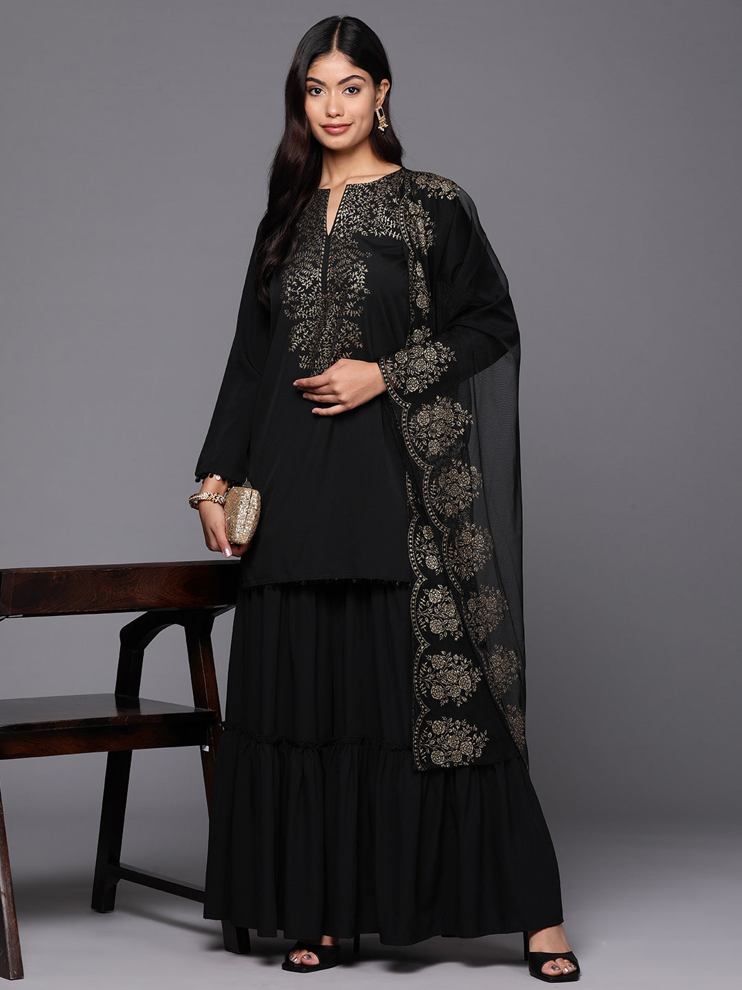 Women's Black Floral Printed Sharara set with Dupatta-AH