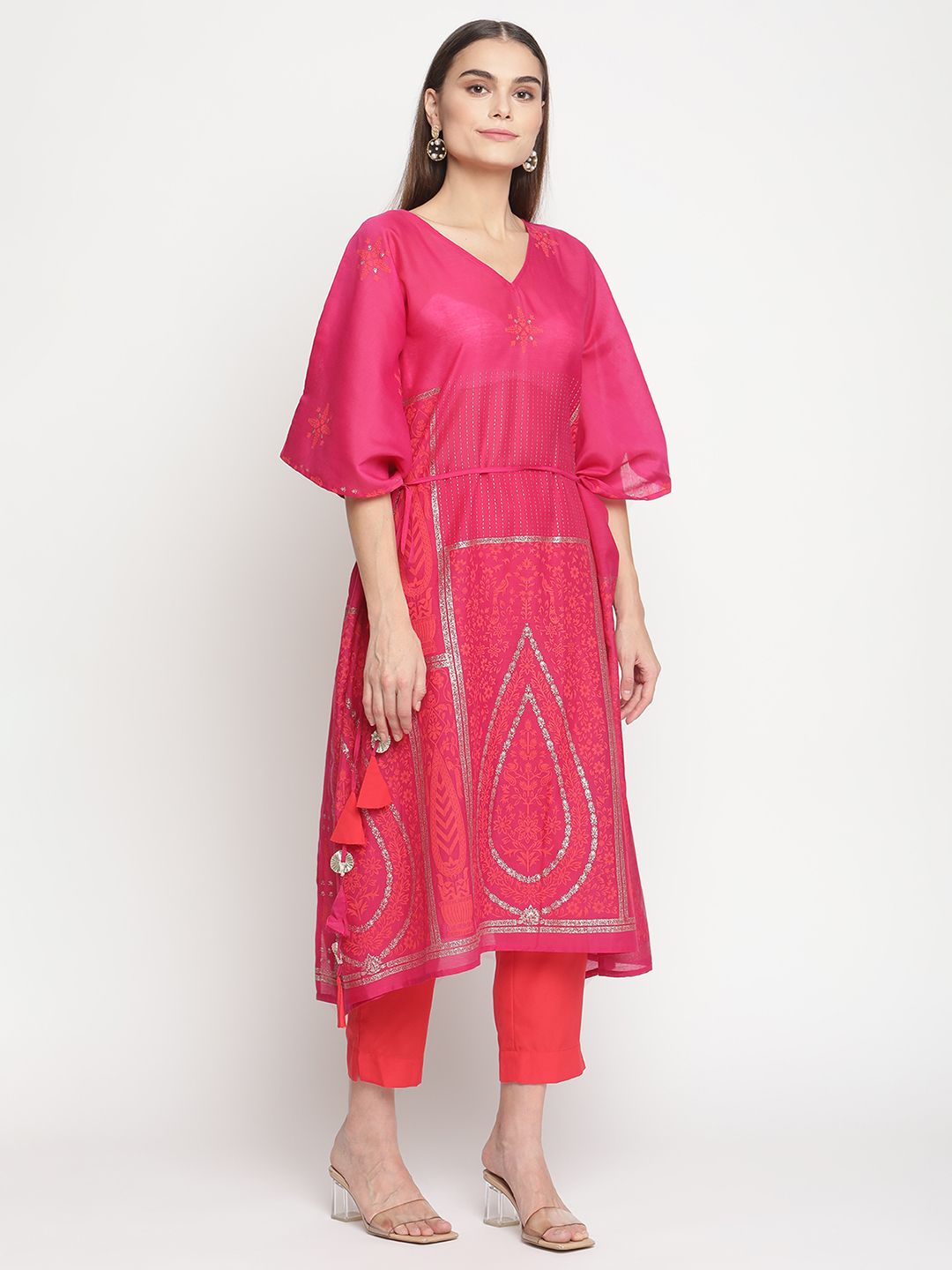 Pink Chanderi Khari Print Kaftan with Trouser