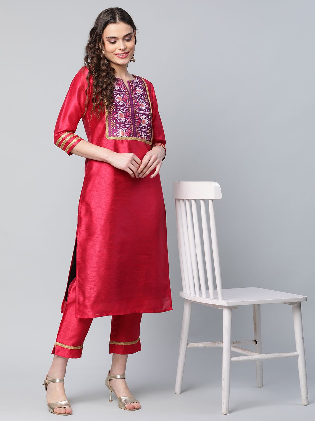 Red Art Silk Printed Kurta Pant Set