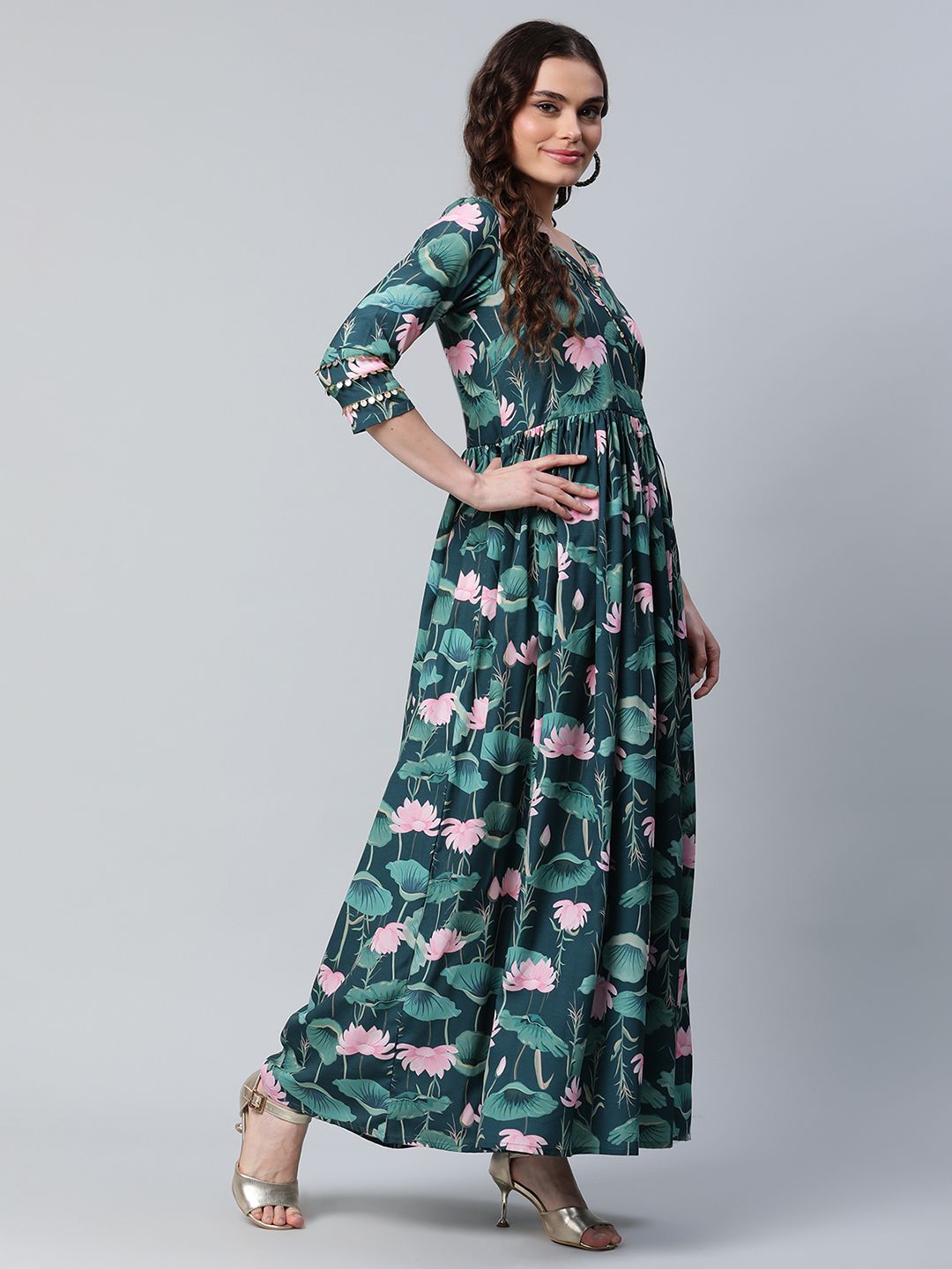 Dark Green Digital Print Flared Dress