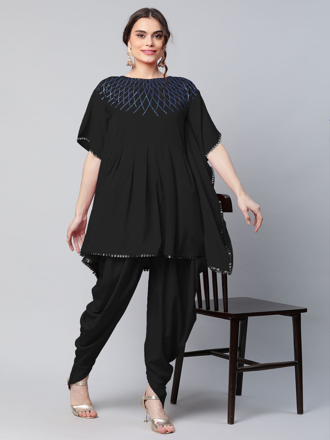 Black Glitter Printed Kurta with Dhoti Pants