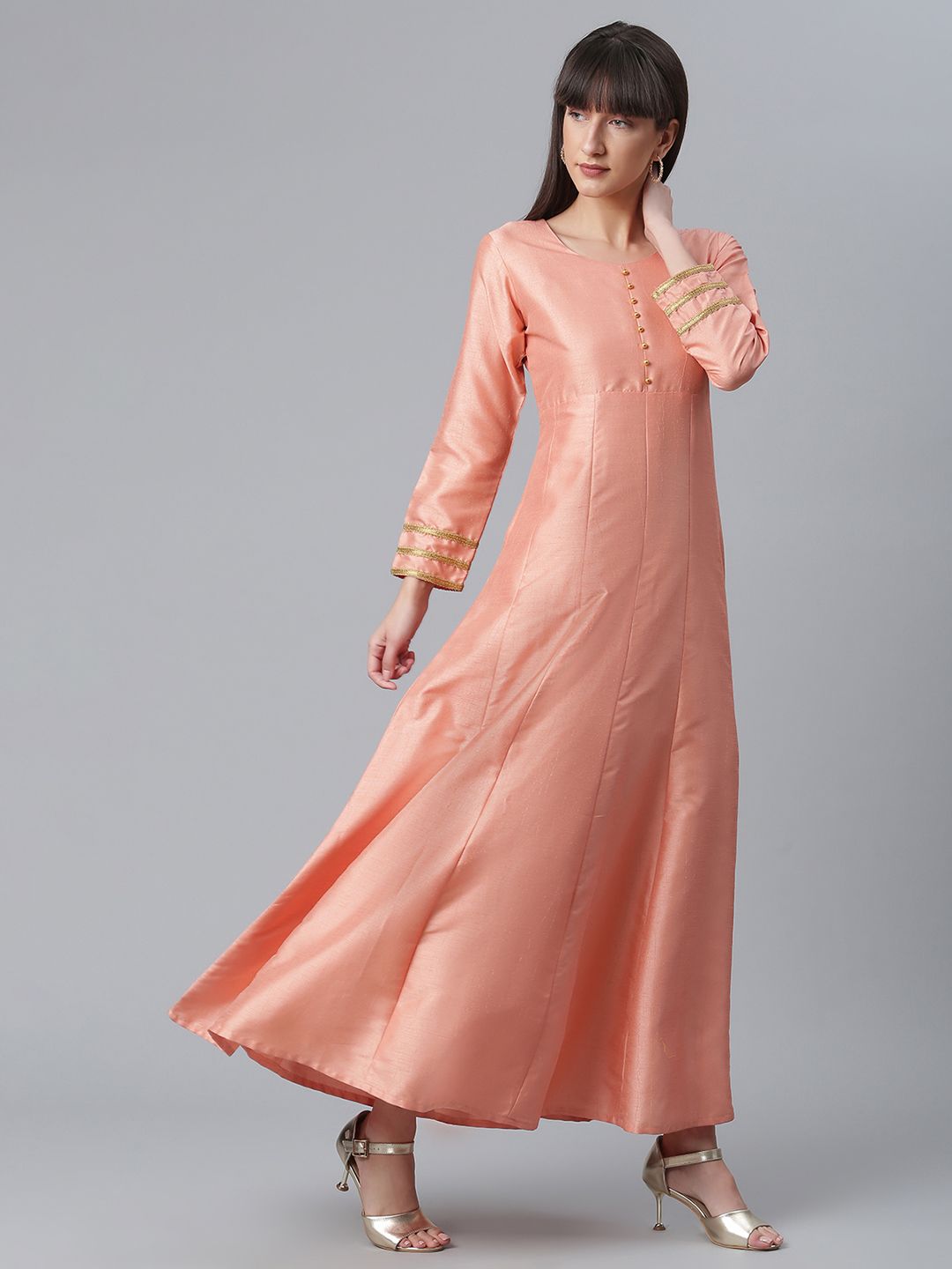 Peach Poly Silk Kurta With Dupatta Set