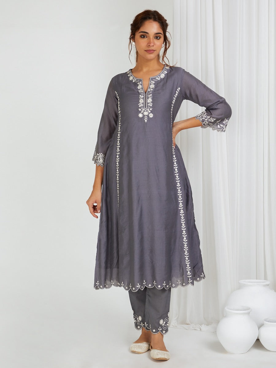 Grey Embroidered Cotton Pants