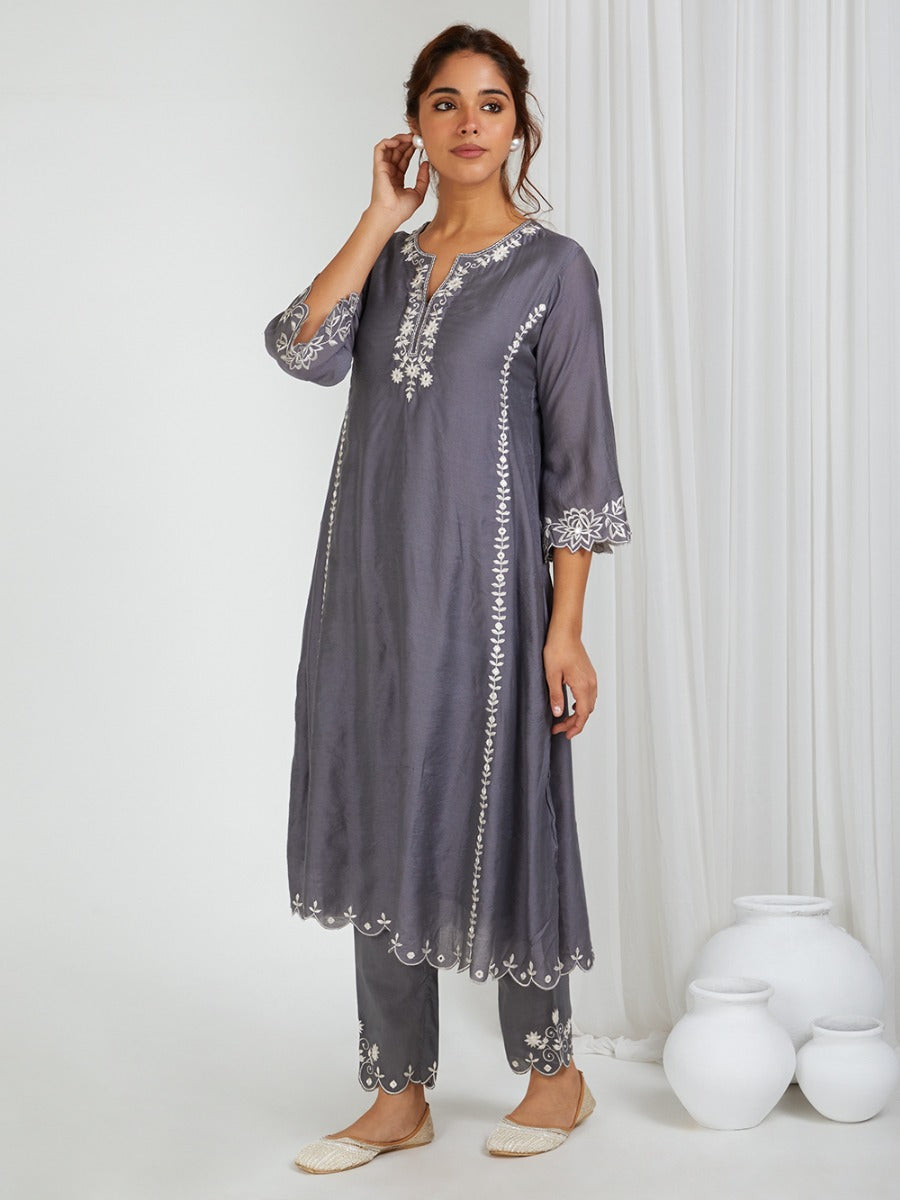 Grey Embroidered Cotton Pants