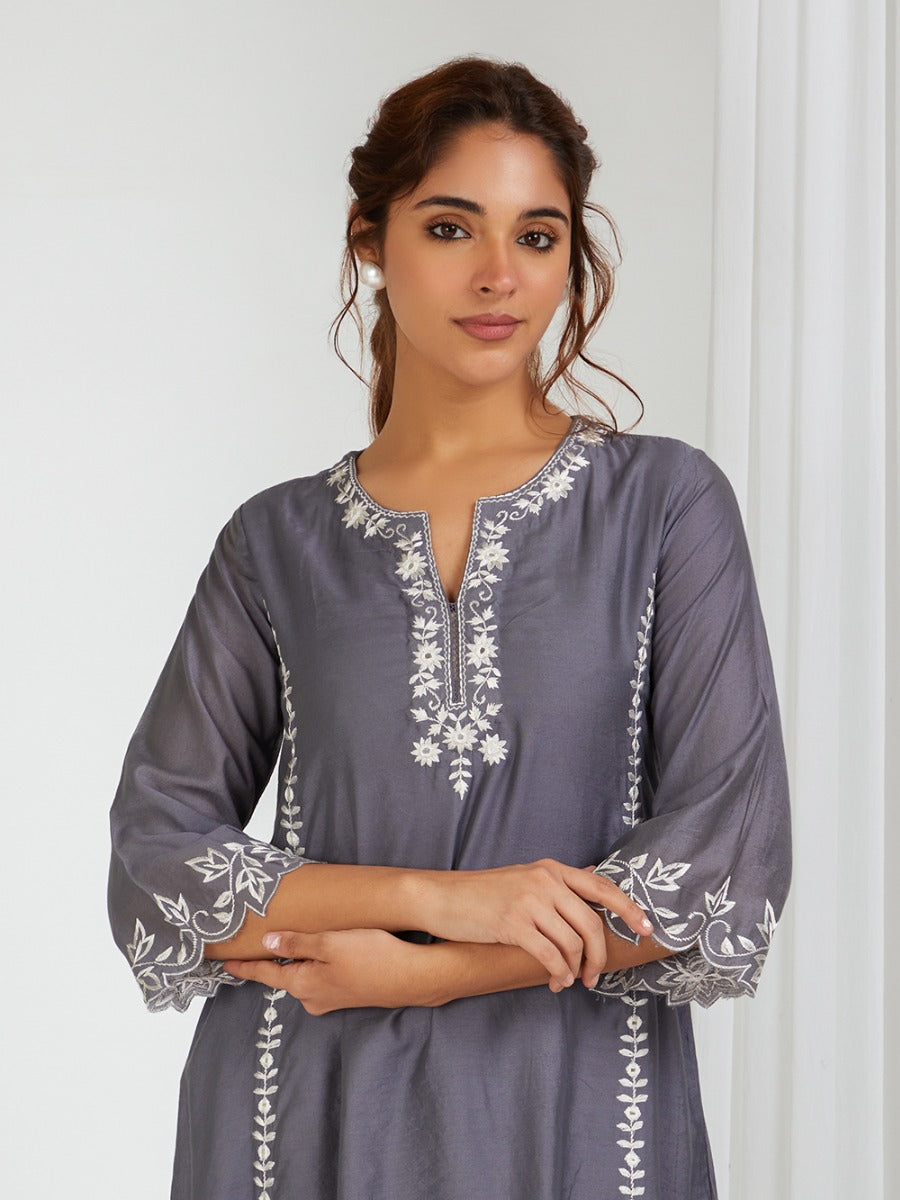 Grey Embroidered Cotton Pants