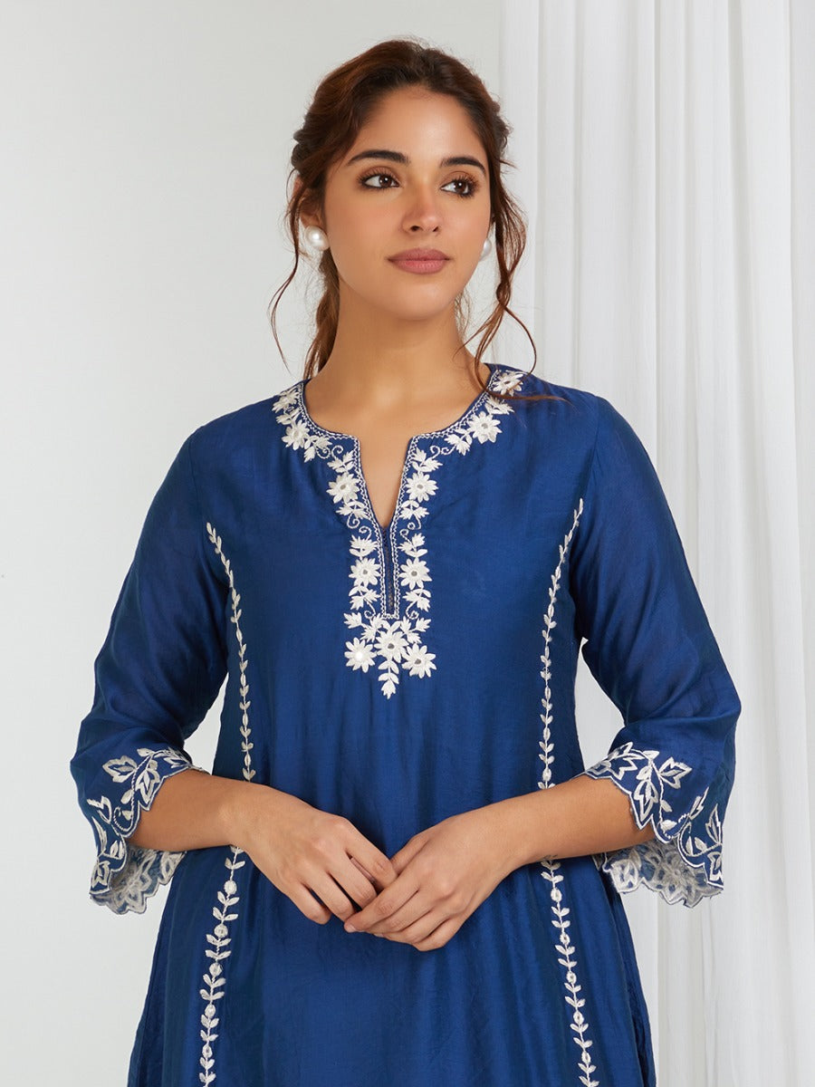 Blue Embroidered Cotton Pants