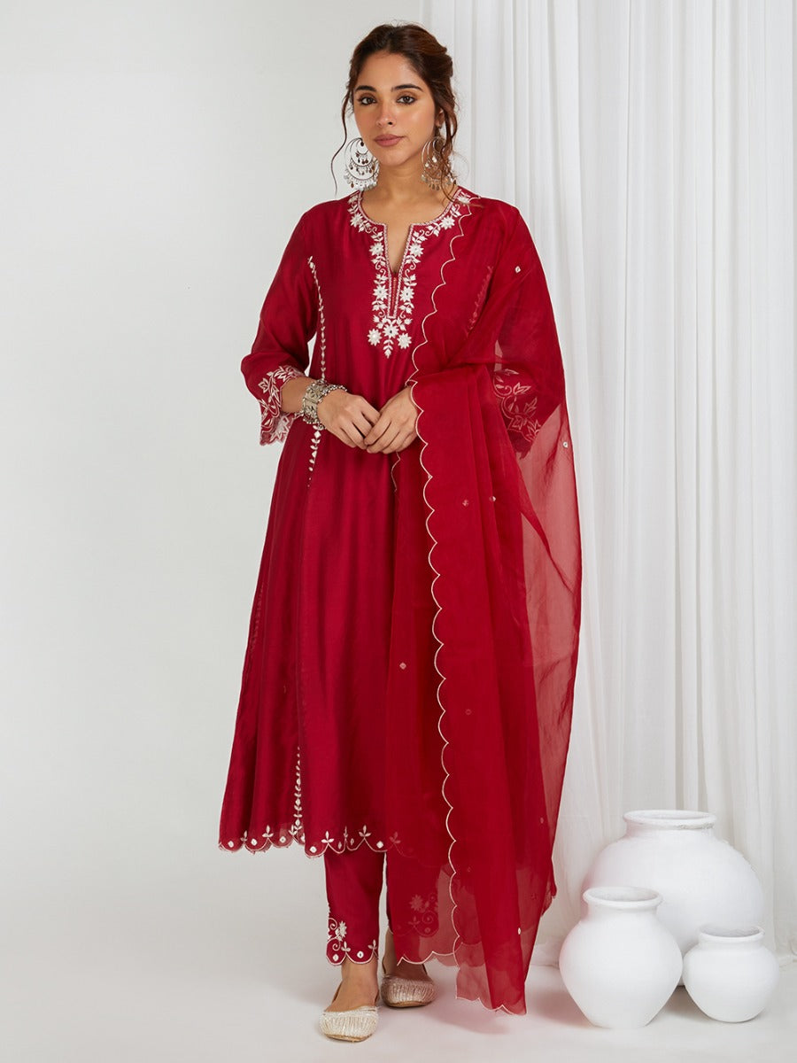 Red Embroidered Cotton Pants