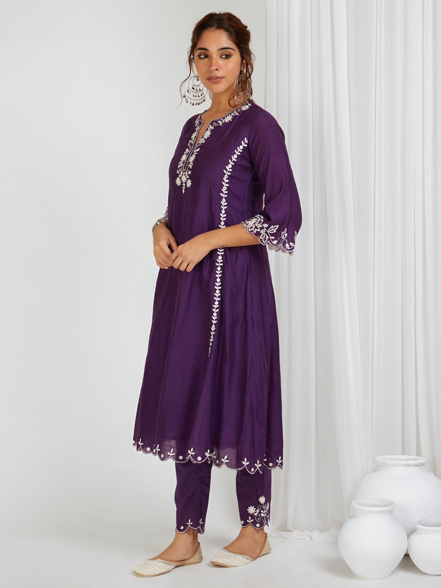 Purple Embroidered Cotton Pants