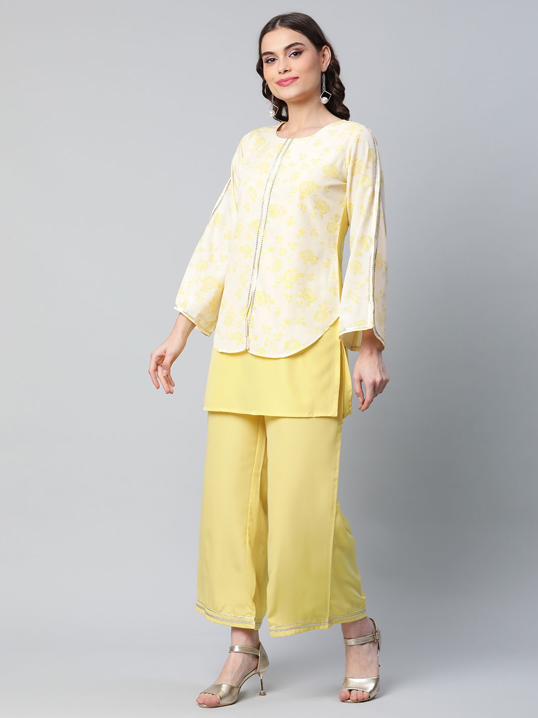 Yellow Crepe Printed Top Palazzo Set