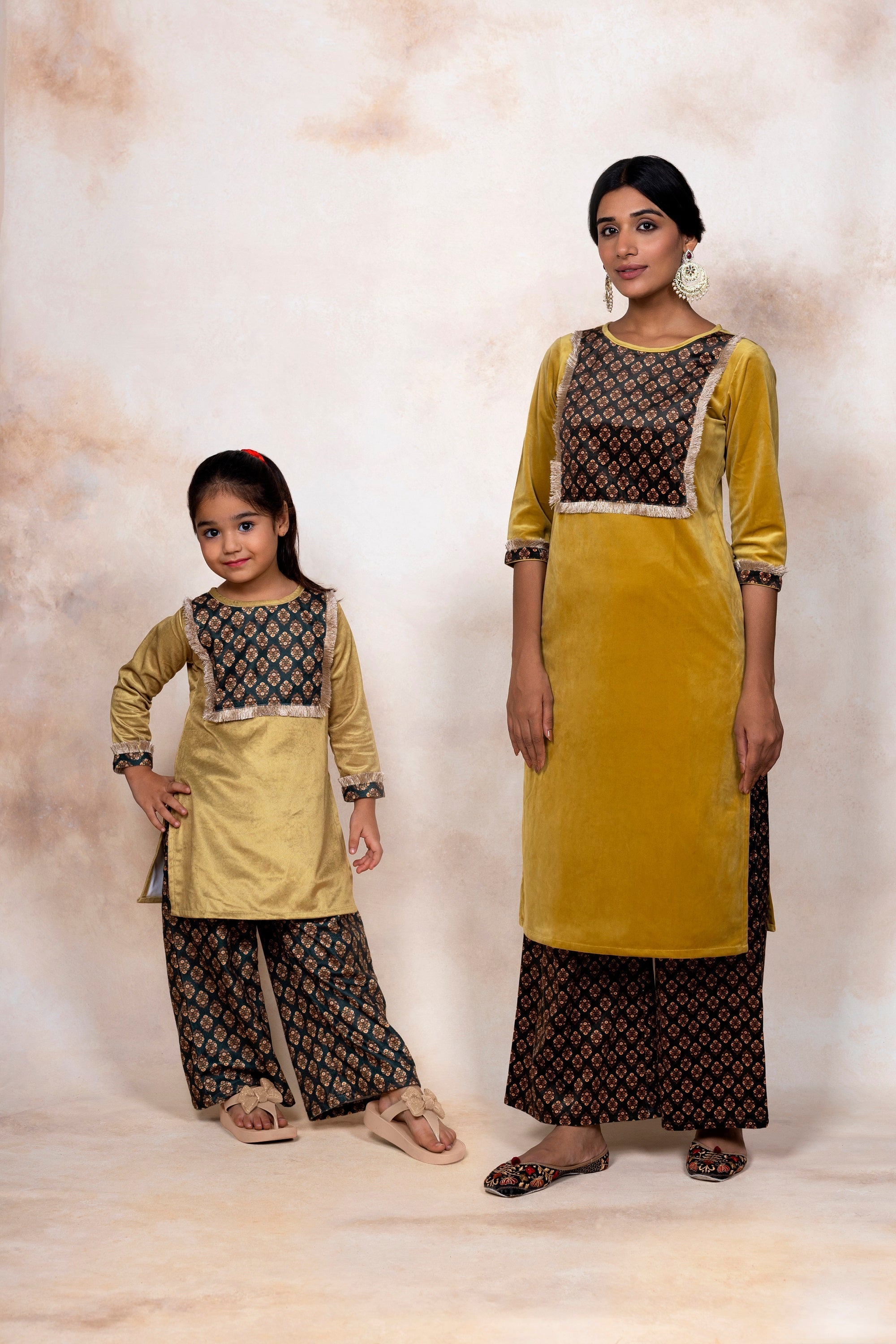 Mustard Yellow Digital Print Velvet Girls Kurta Palazzo Set