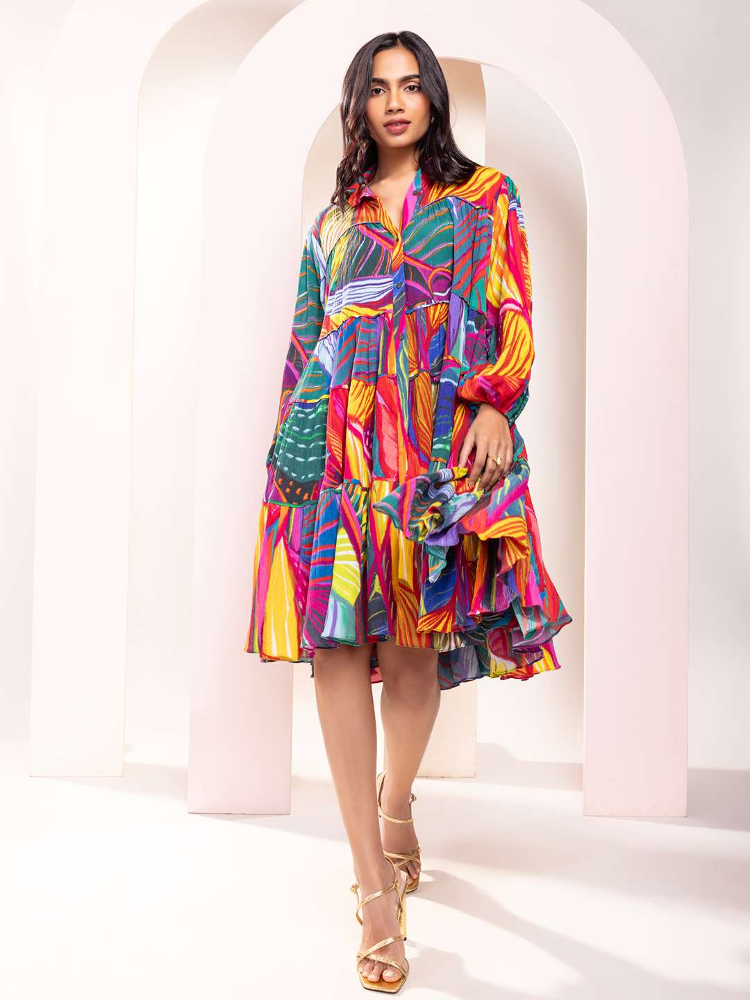 Leafora Printed Tiered Shirt Dress