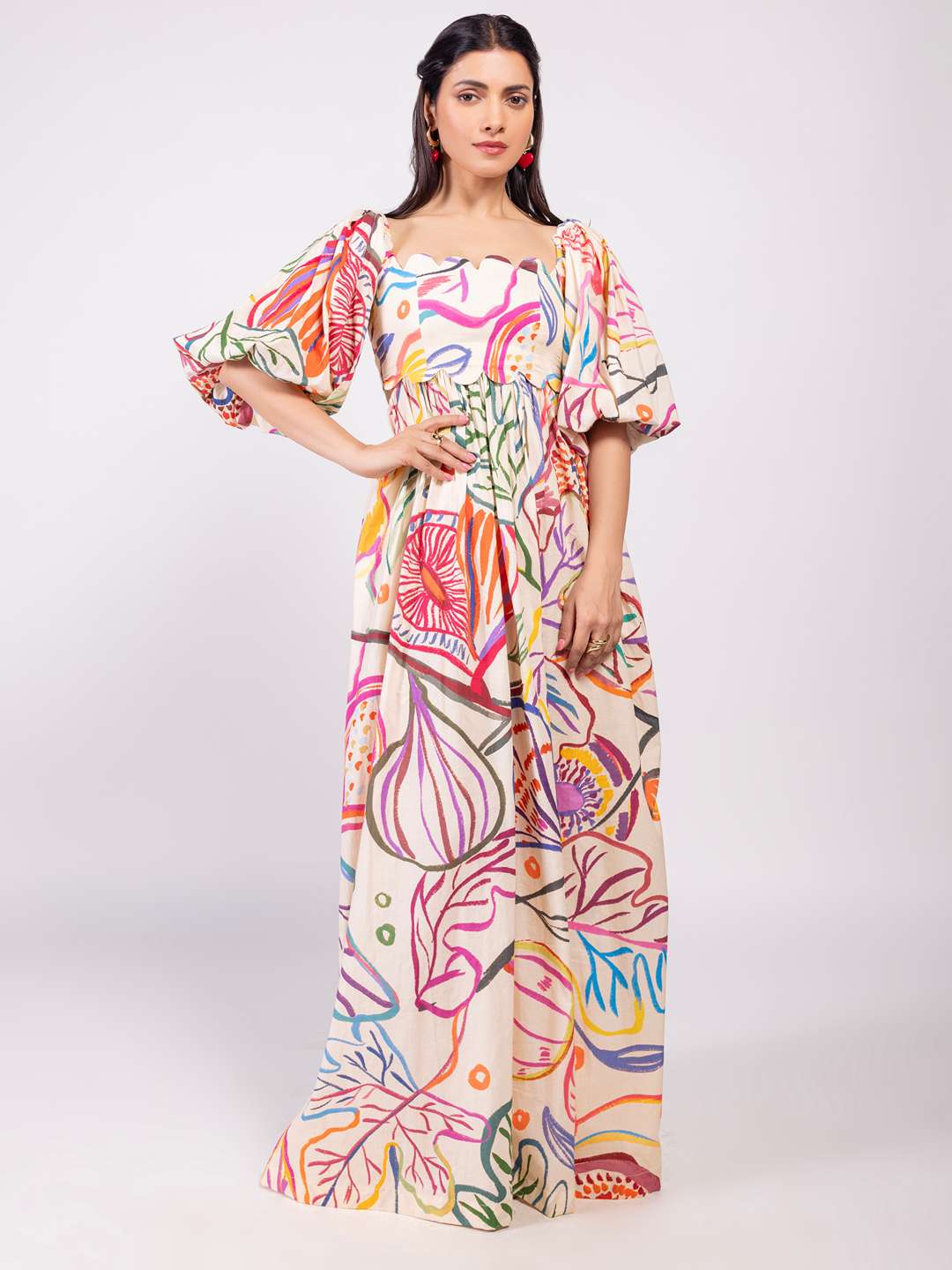 Fig Printed Scallop Maxi Dress