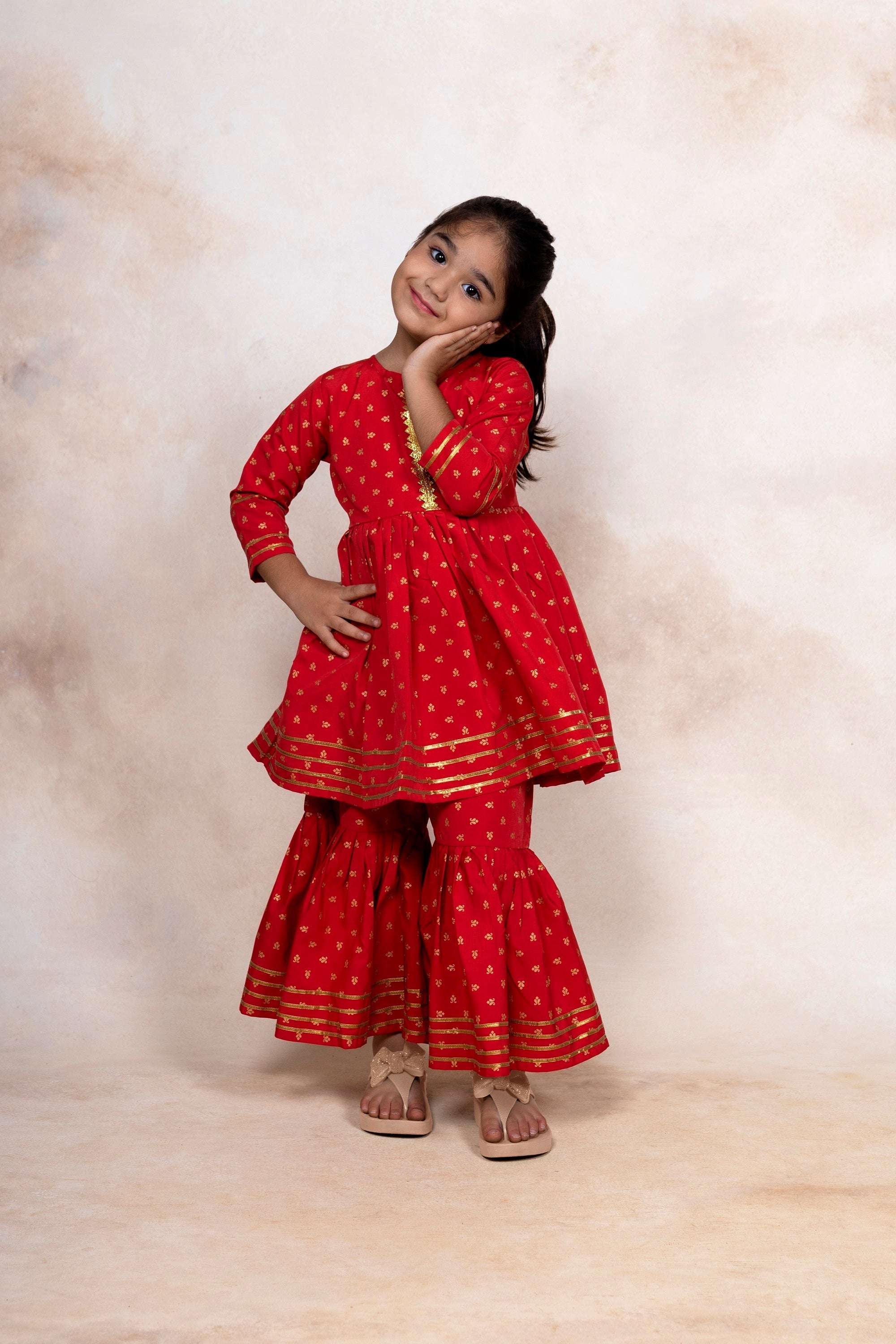 Red Cotton Girl's Frock Suit with Gharara Palazzo