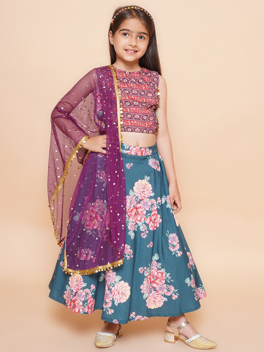 Girls Printed Sequinned Ready to Wear Lehenga & Blouse With Dupatta