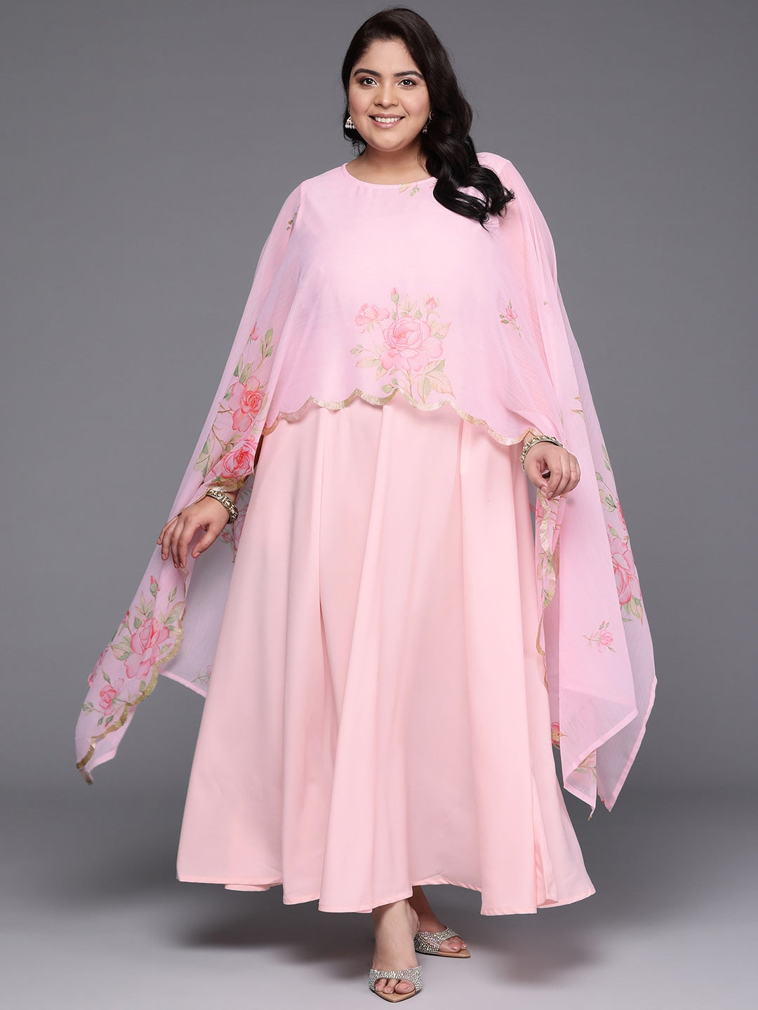 Plus Size Floral Printed Cape Sleeves Layered Ethnic Gown