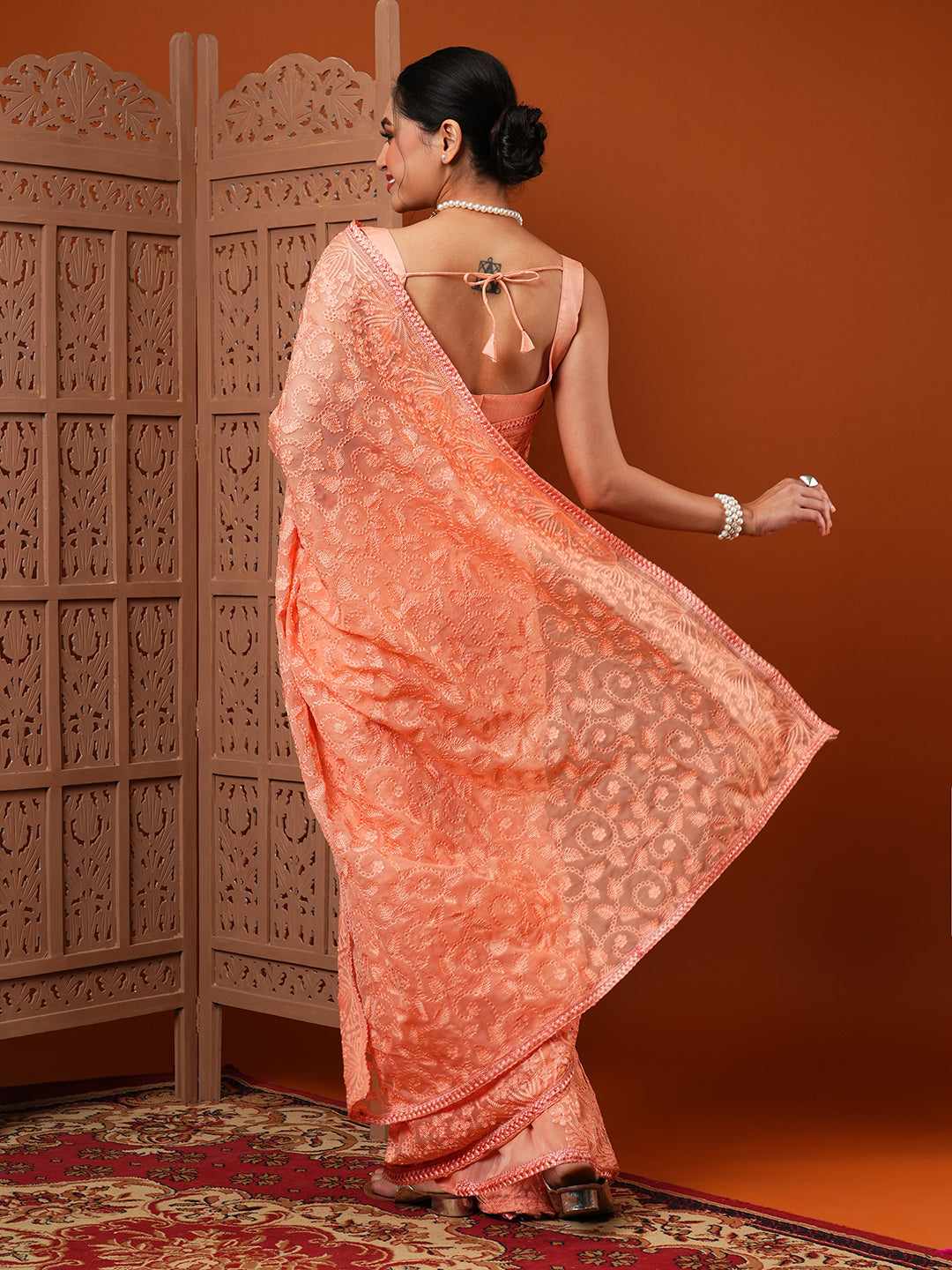 Organza Peach Embroidered Designer Saree With Blouse