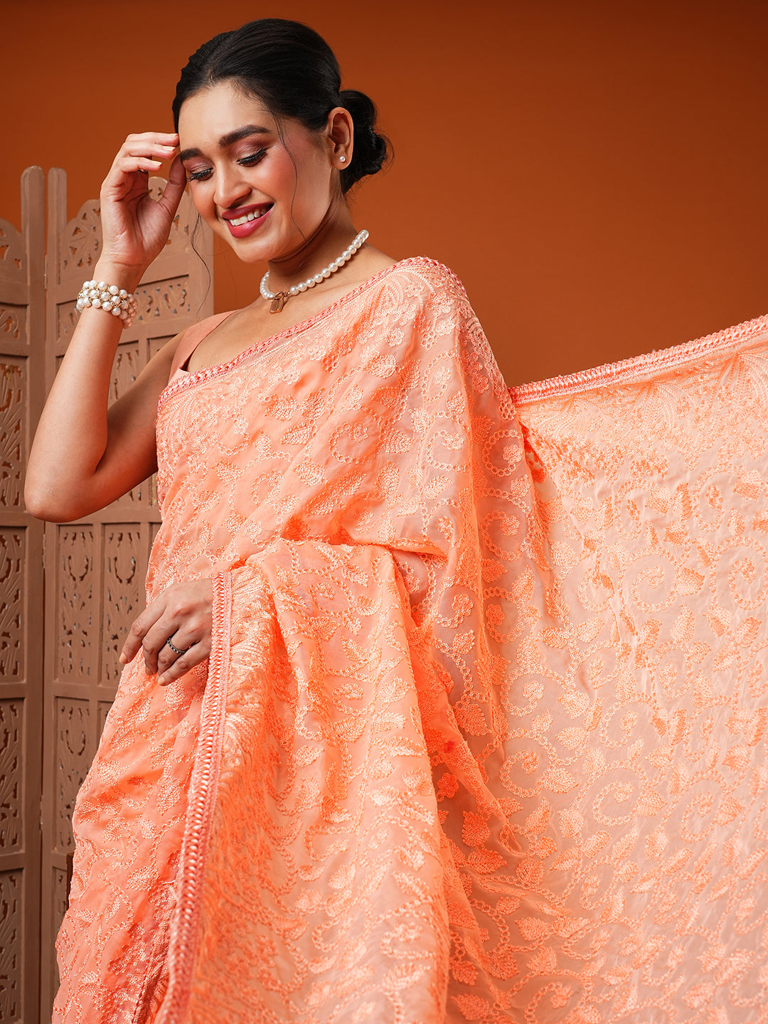 Organza Peach Embroidered Designer Saree With Blouse