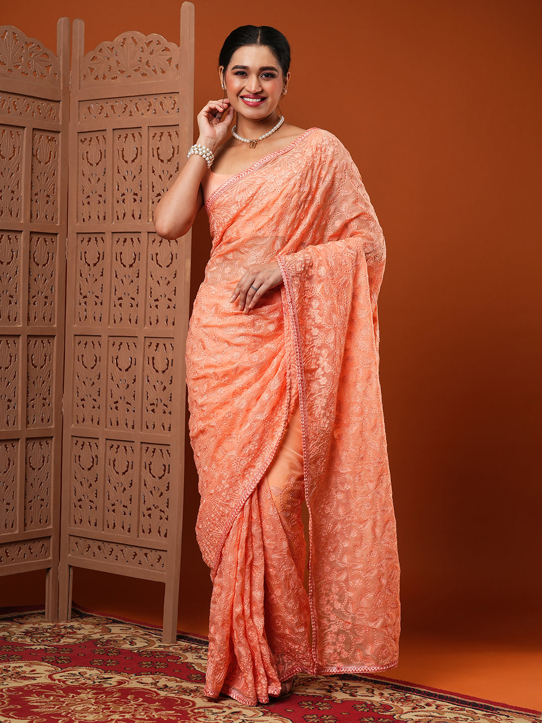 Organza Peach Embroidered Designer Saree With Blouse