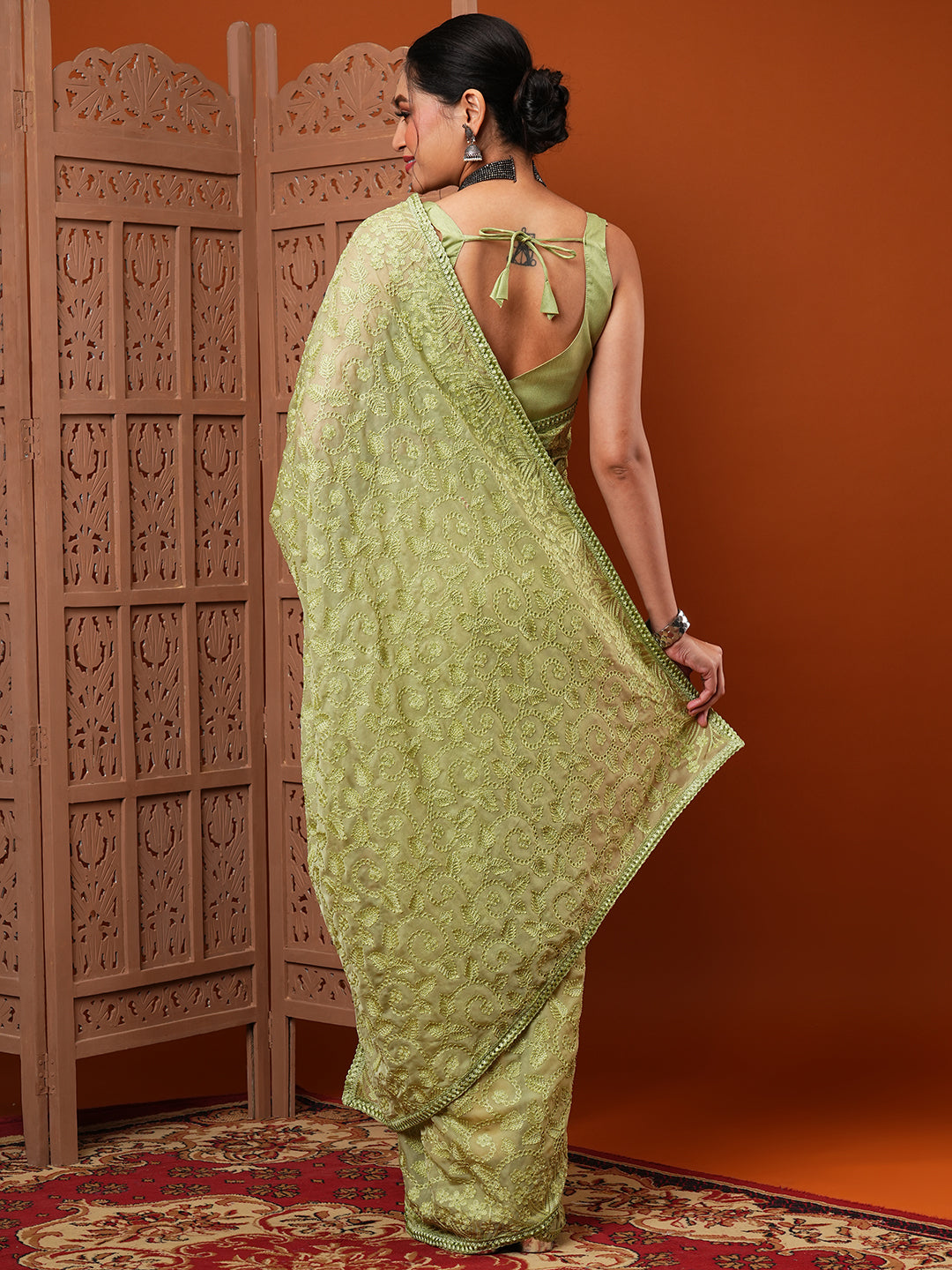 Organza Green Embroidered Designer Saree With Blouse
