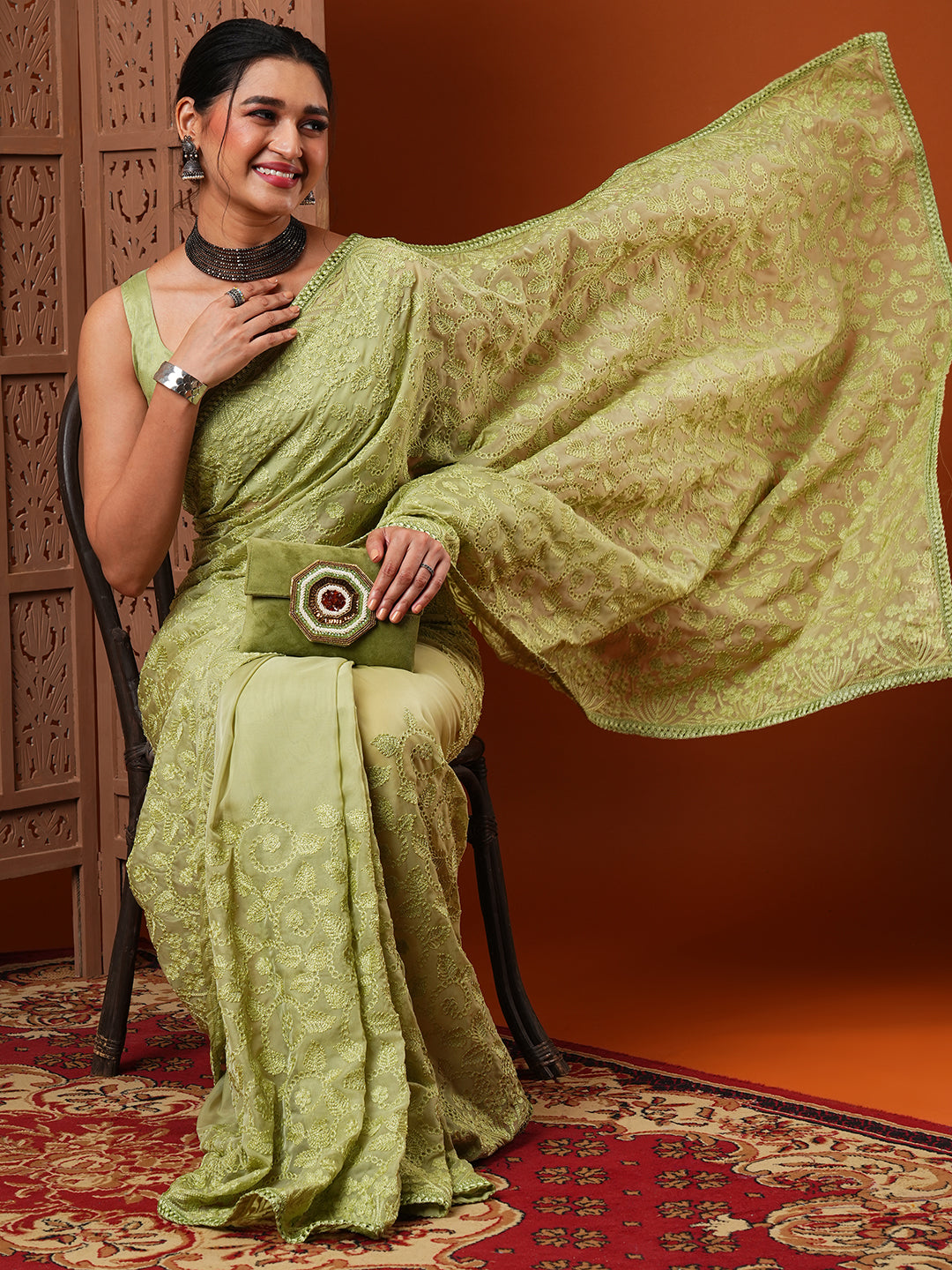 Organza Green Embroidered Designer Saree With Blouse