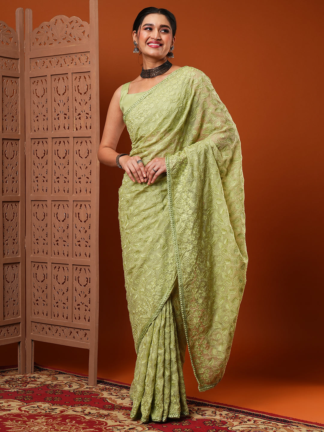 Organza Green Embroidered Designer Saree With Blouse