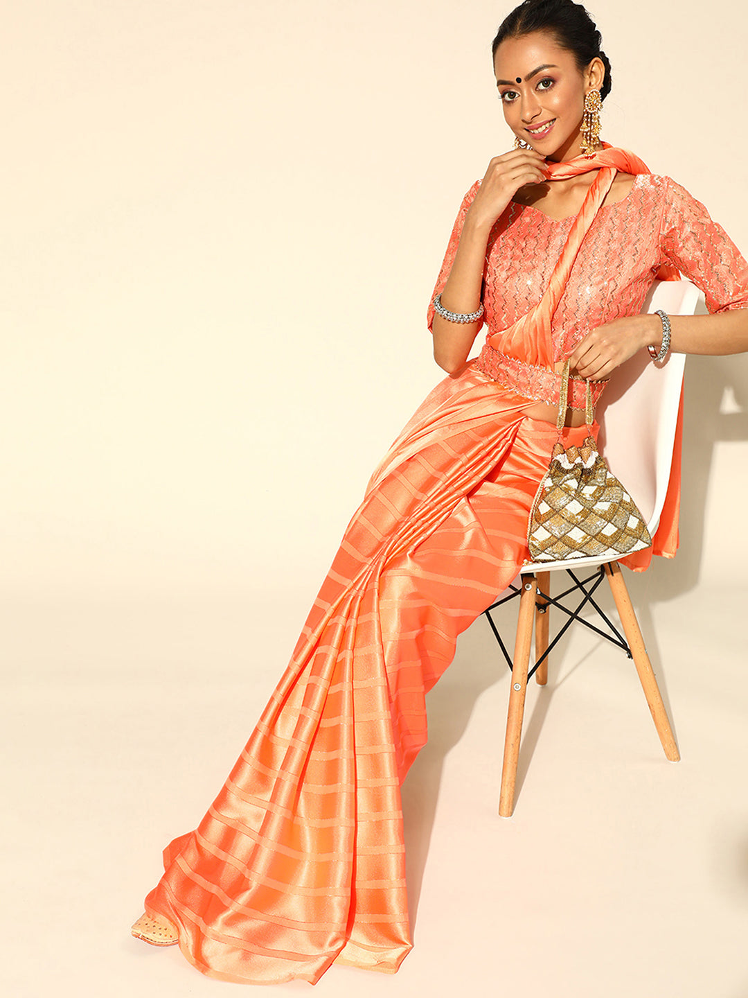 Satin Orange Solid Belted Sarees With Blouse