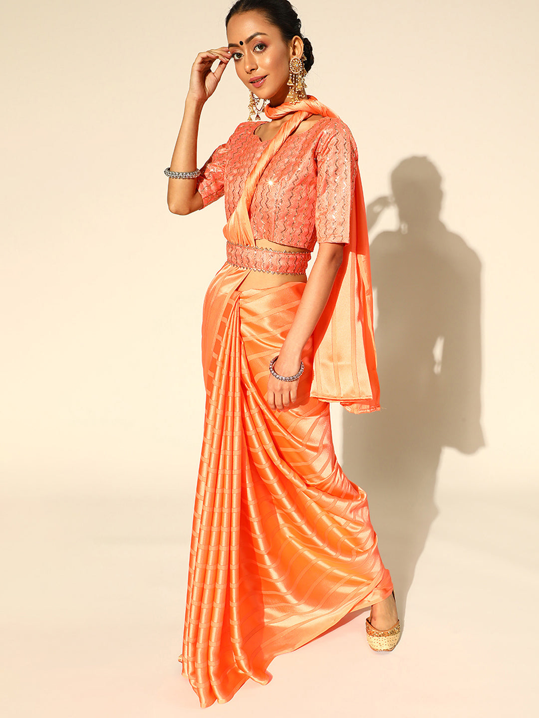 Satin Orange Solid Belted Sarees With Blouse