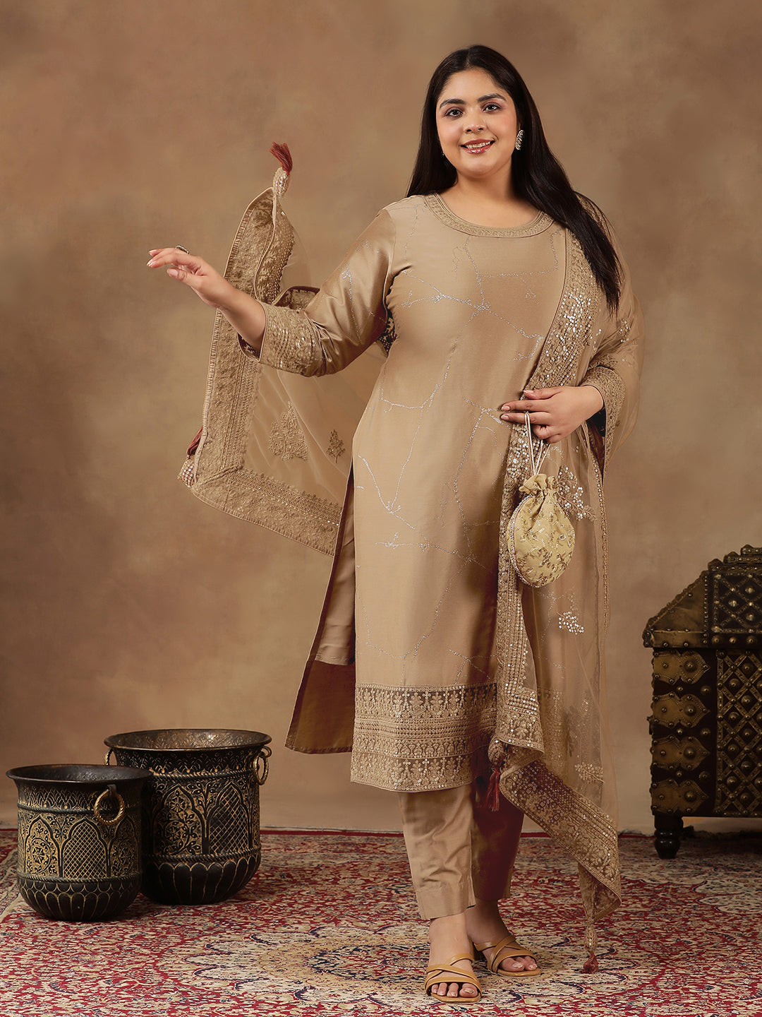 Plus Size Abstract Printed & Embroidered Kurta With Trousers & Dupatta - ID