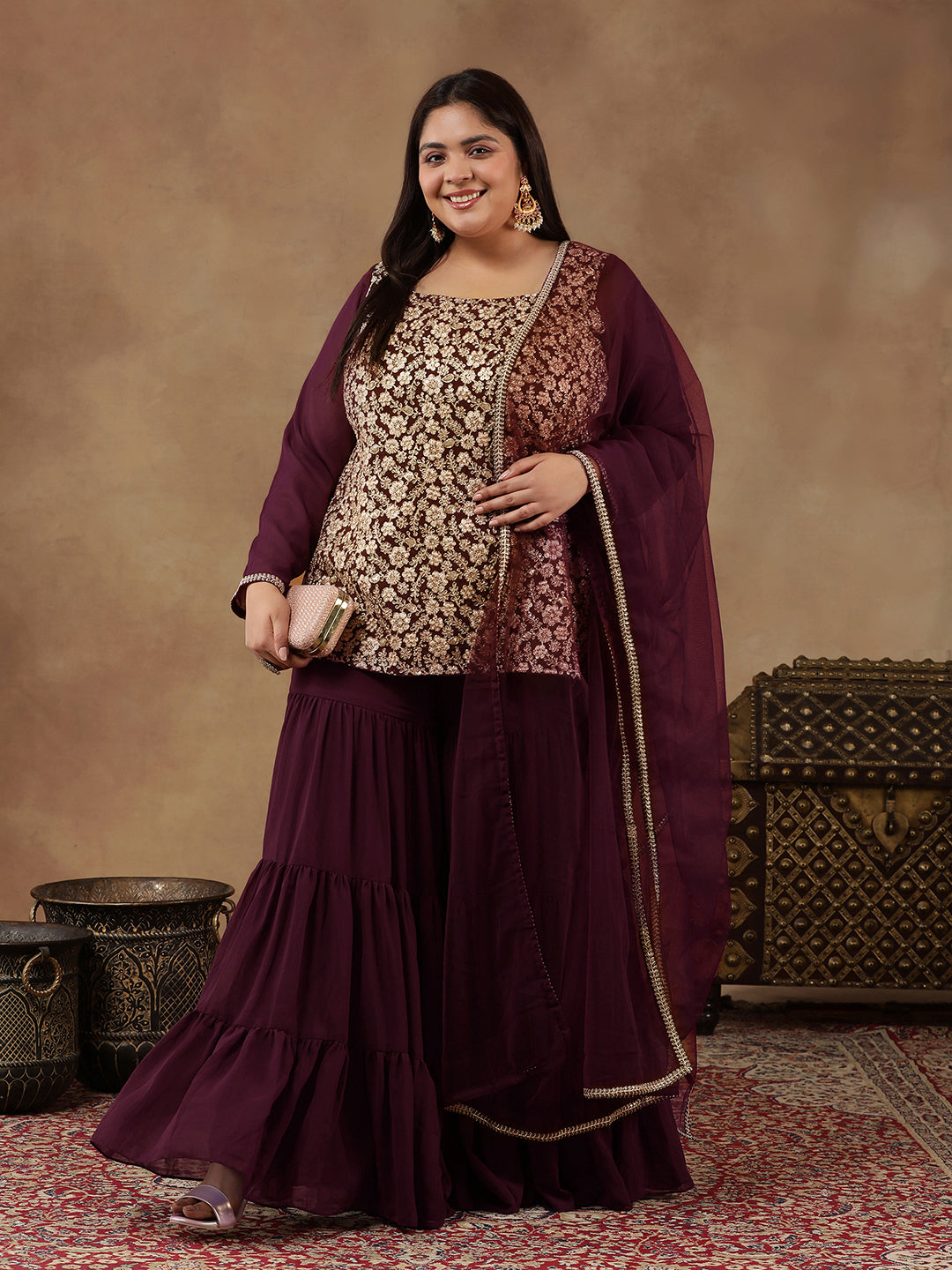 Floral Embroidered Regular Sequinned Straight Kurti with Sharara & Dupatta - ID