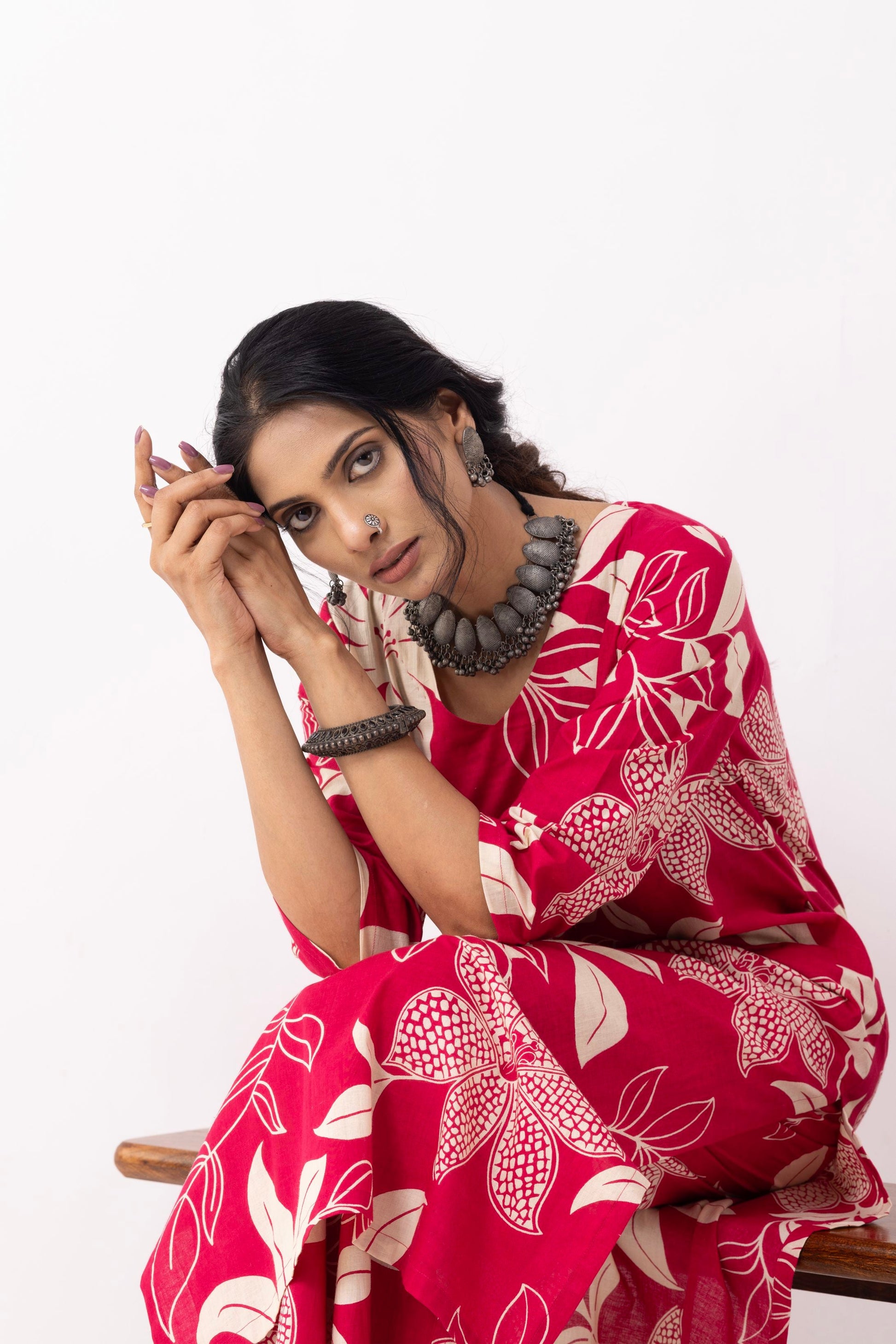 Crimson Red Block Printed Mira Kurta Set (Set of 2)- IC