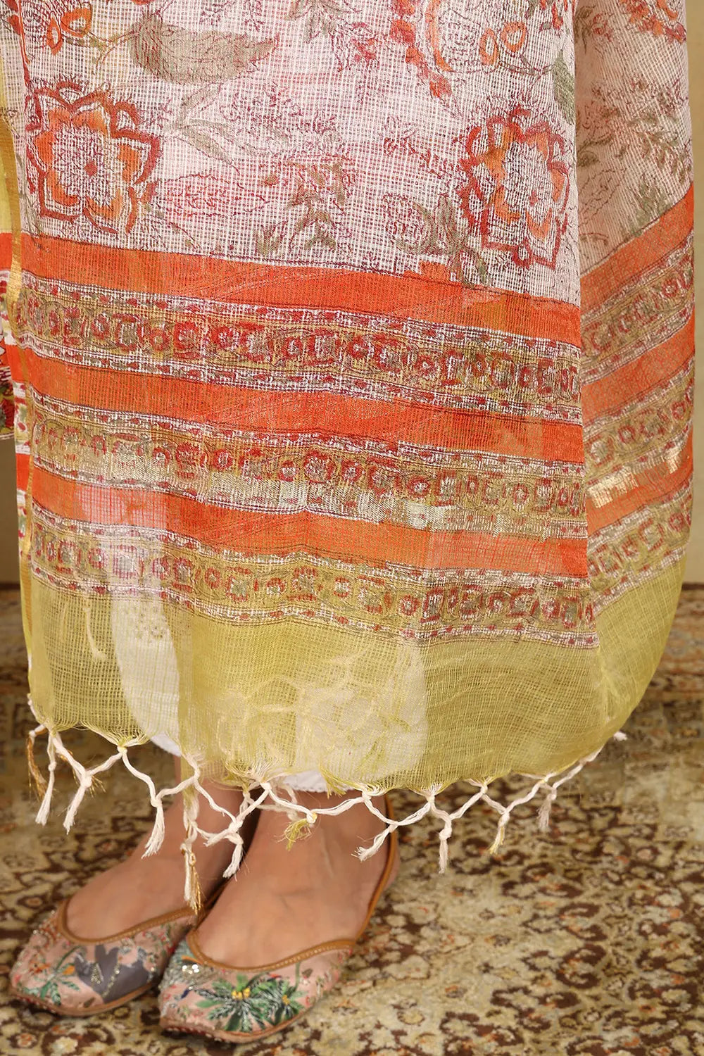 White/Orange Kota Doria Dupatta