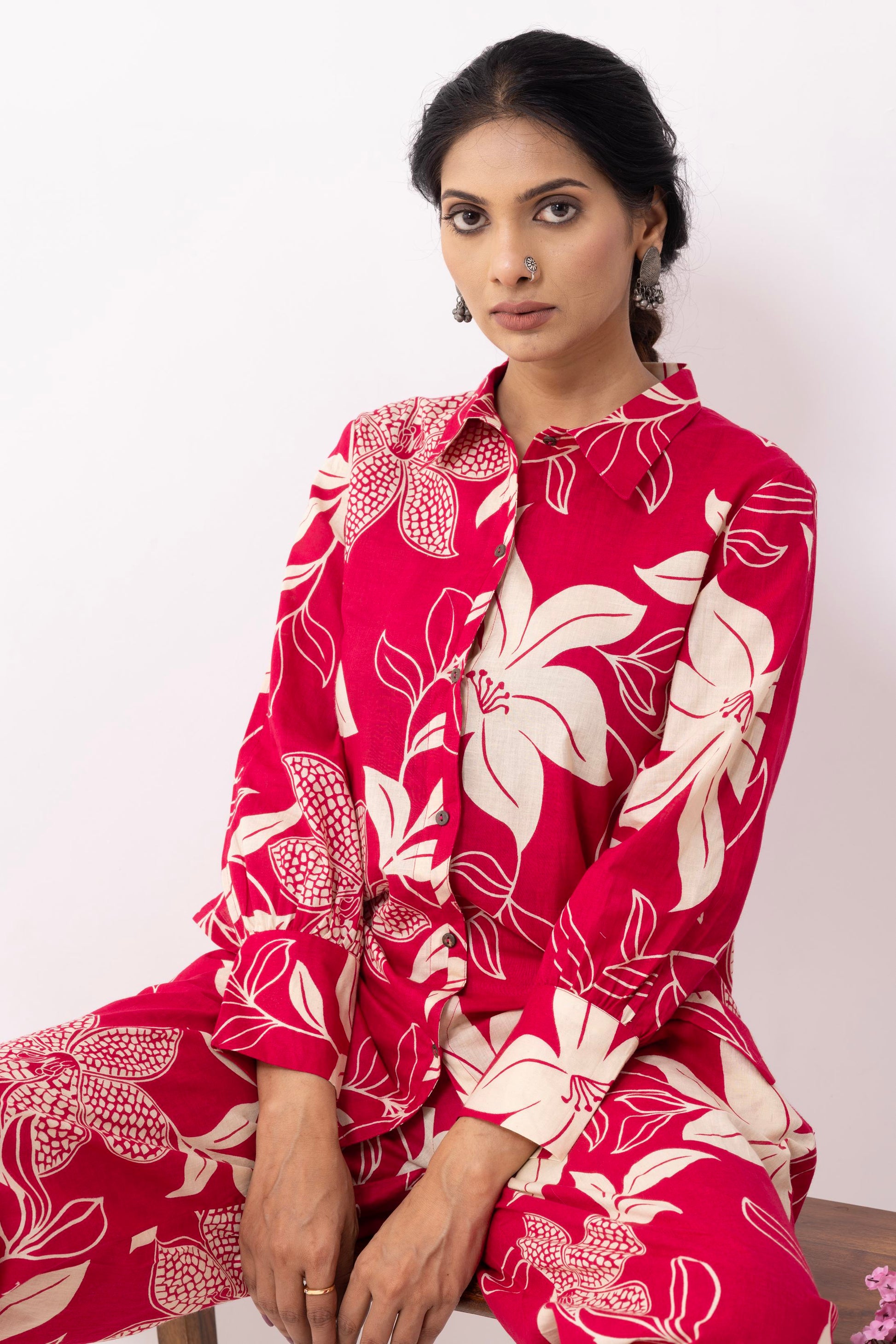 Crimson Red Block Printed Caroline Co-ord Set (Set of 2)- IC